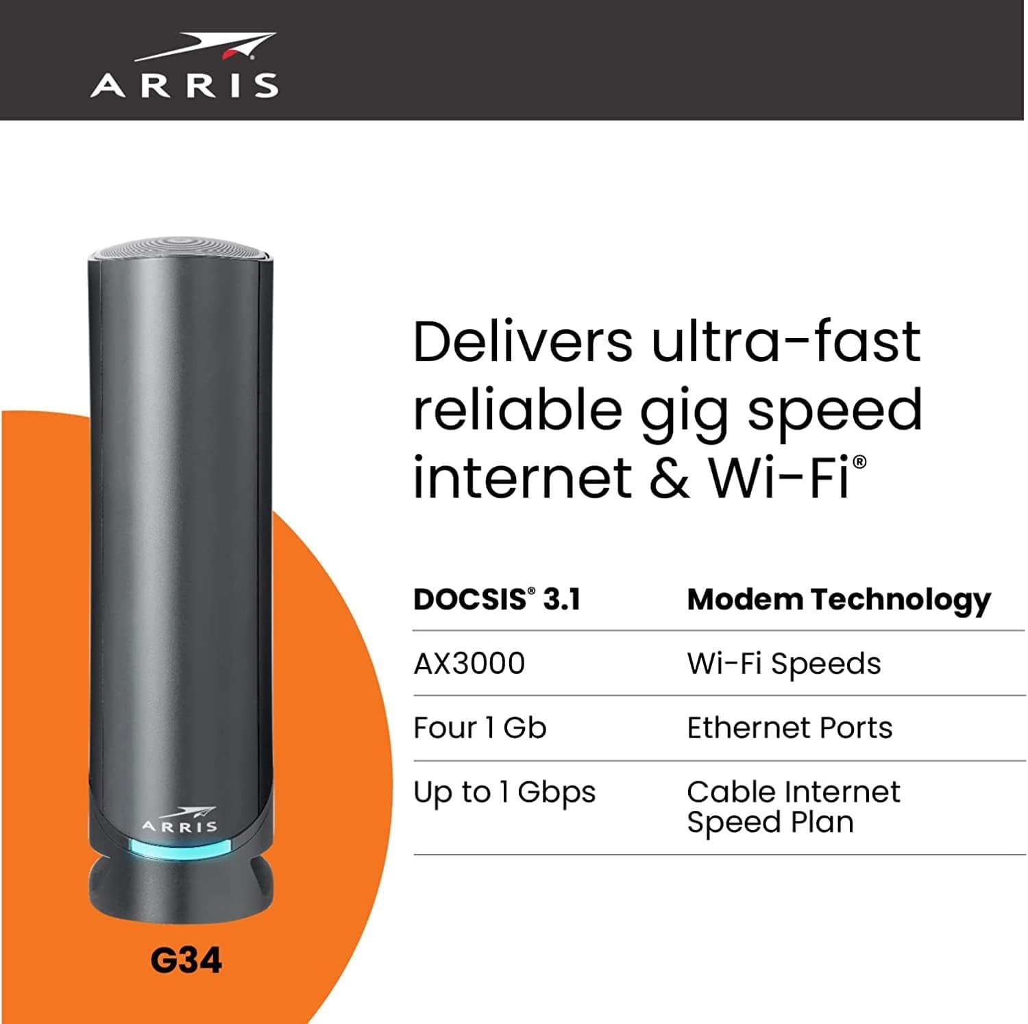 ARRIS Surfboard G34-RB AX3000 DOCSIS3.1 Cable Modem Router Certified Refurbished