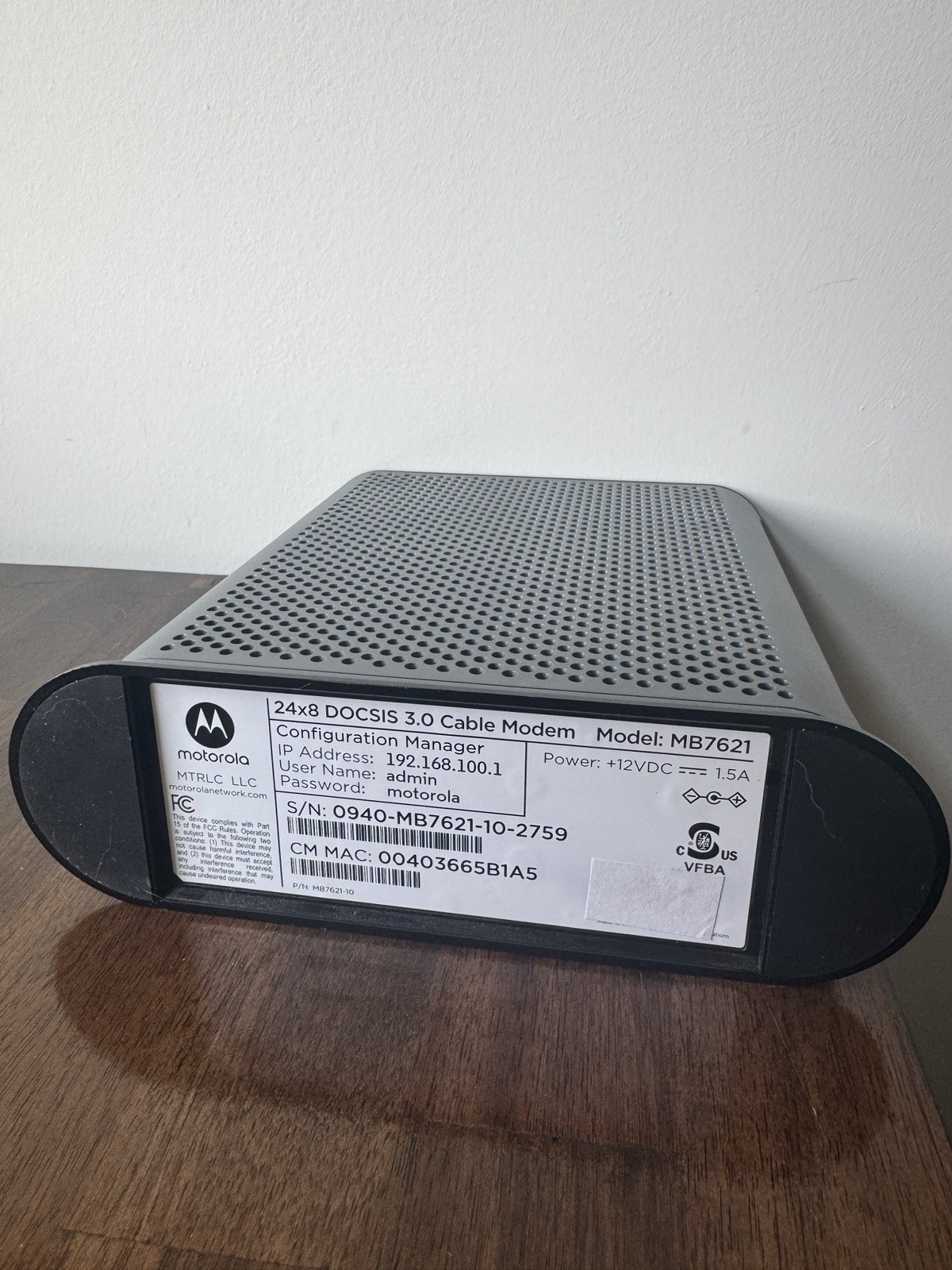 Motorola MB742010 686mbps DOCSIS 3.0 Cable Modem No Power Cable