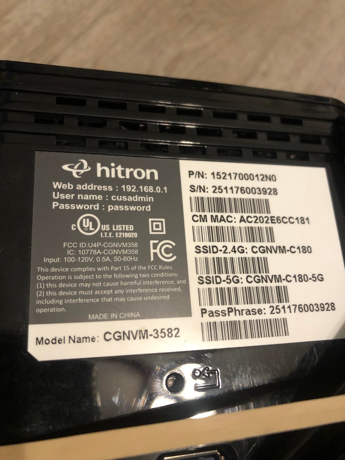 Hitron CGNVM-3582 DOCSIS 3.0 32×8 4×4 5GHz Gateway Wi-Fi Modem NOT FOR COX