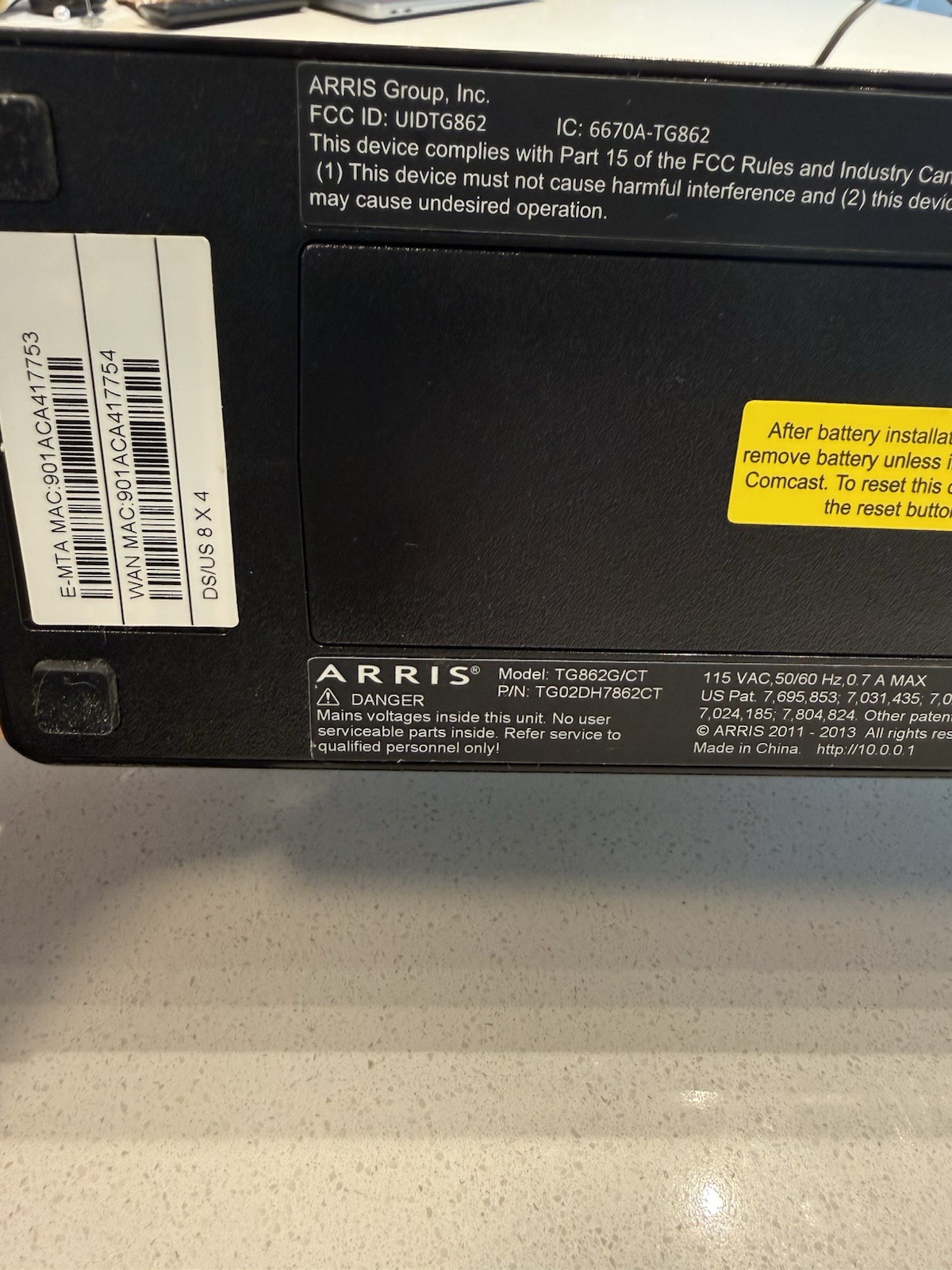 Xfinity / Comcast Arris TG862G/CT