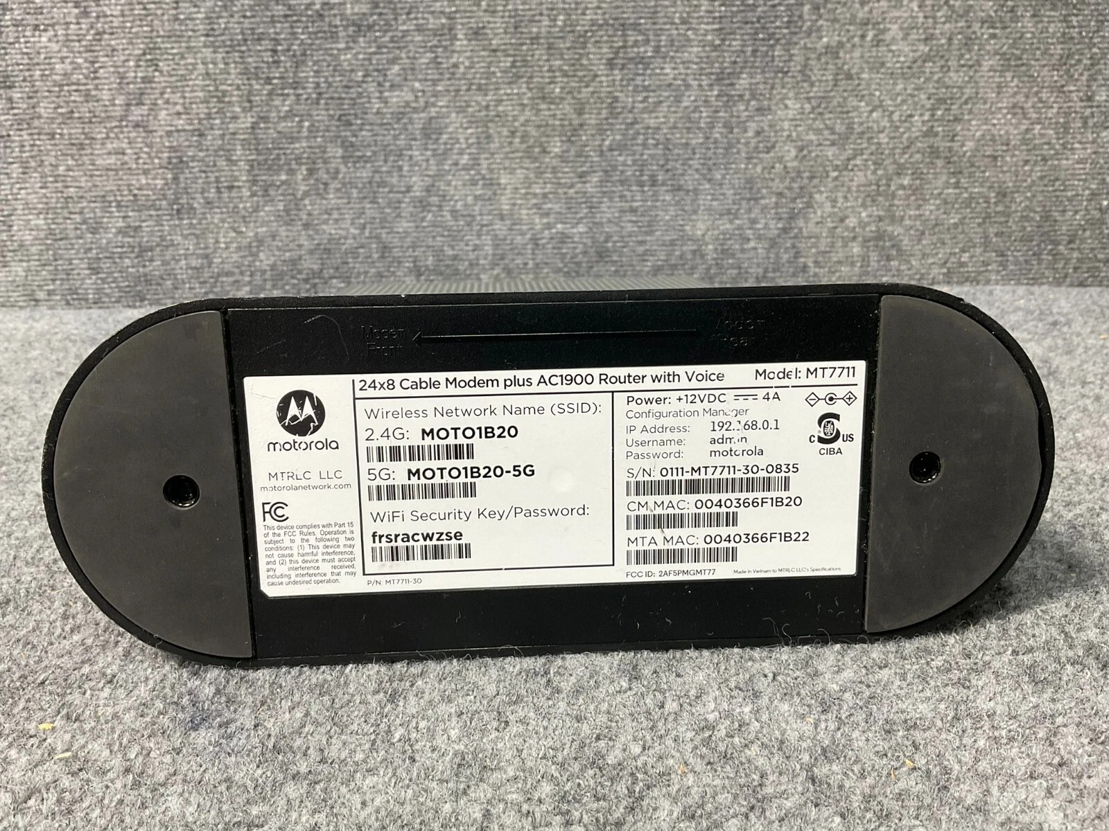 Motorola MT7711 24×8 Cable Modem AC1900 Dual Band WiFi Gigabit Router Used