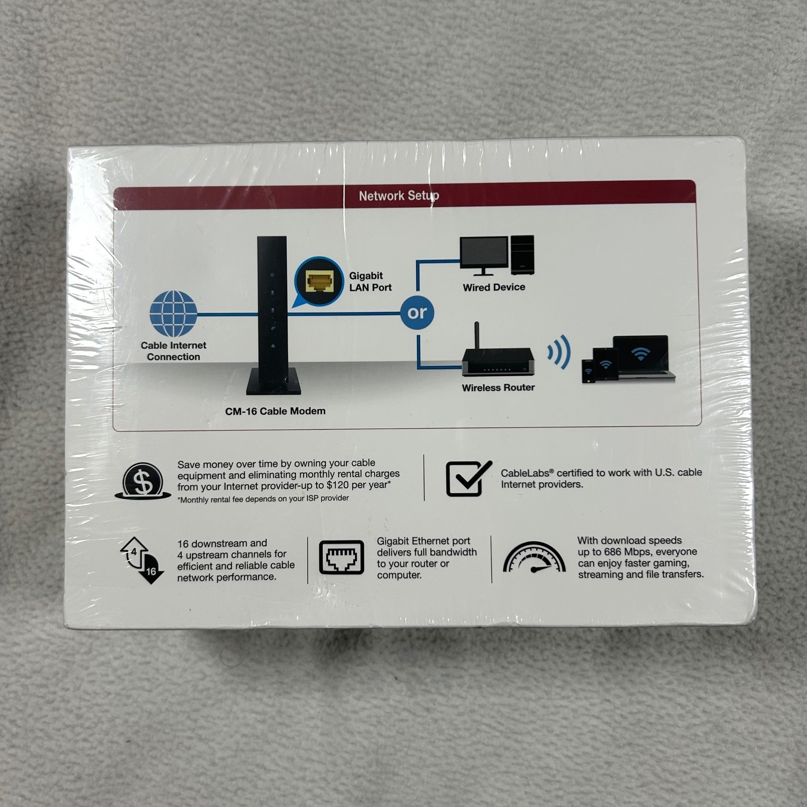 ASUS Cable Modem CM-16 Black DOCSIS 3.0 16×4 Gigabit Ethernet Port New Sealed
