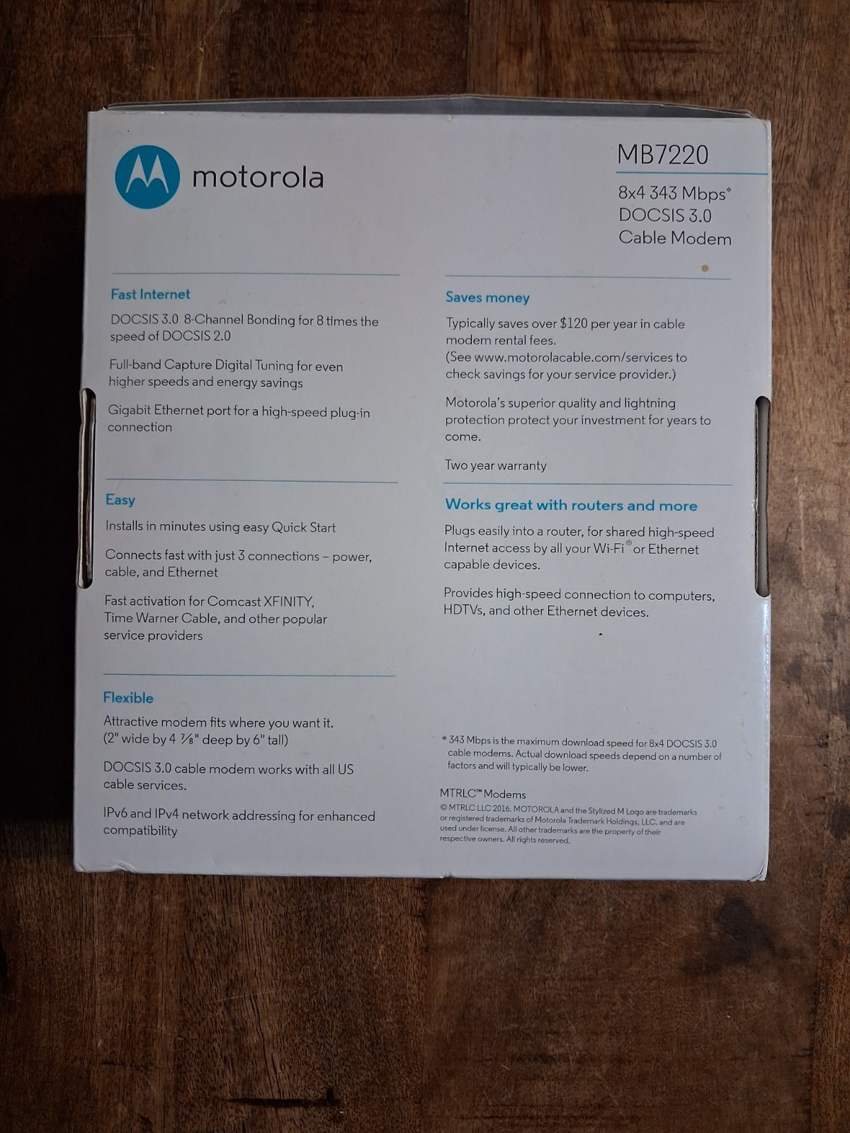 Motorola MB7220 DOCSIS 3.0 Cable Modem 8×4 Gigabit Ethernet – Open Box – Tested