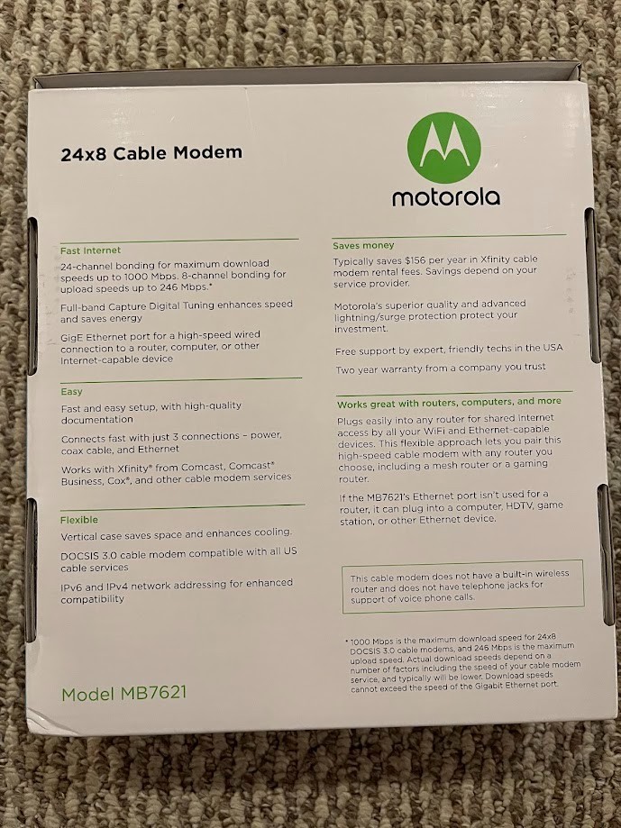 USED Motorola 24×8 Cable Modem Model MB7621 1000+ Mbps DOCSIS 3.0