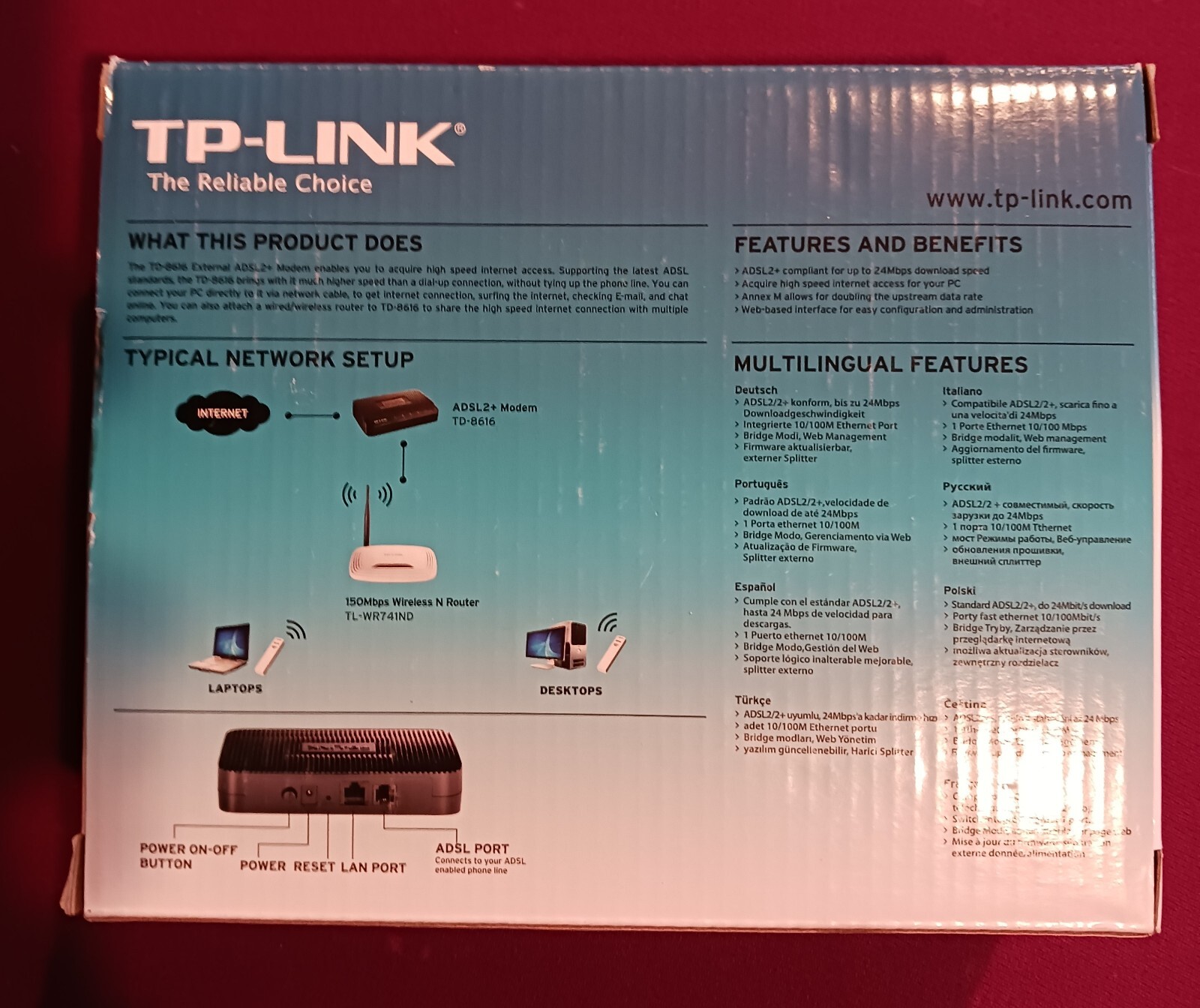 TP-Link TD-8616 ADSL2+ Modem Router With AC Adaptor Power Cord & Cables – New OB
