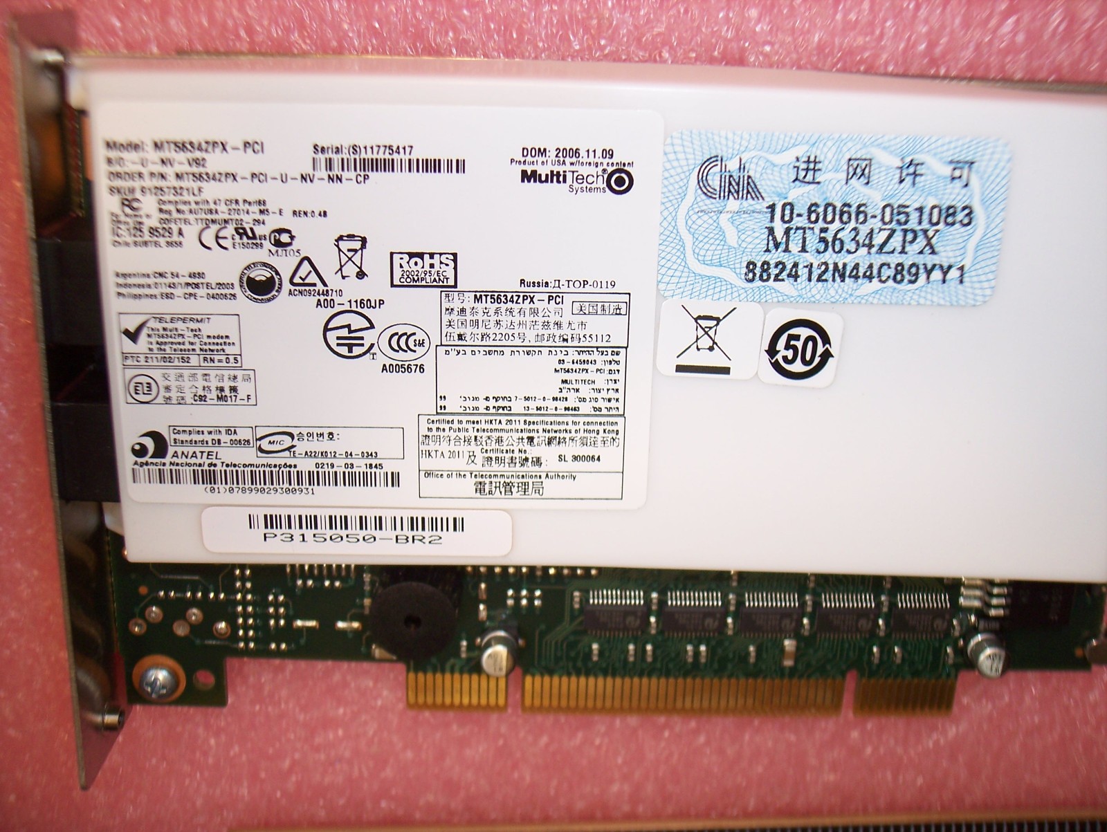 MT5634ZPX-PCI NV-NN-CP NORTEL 1100 V.90 INTERNAL MODEM CARD DM3819003E5 ROHS