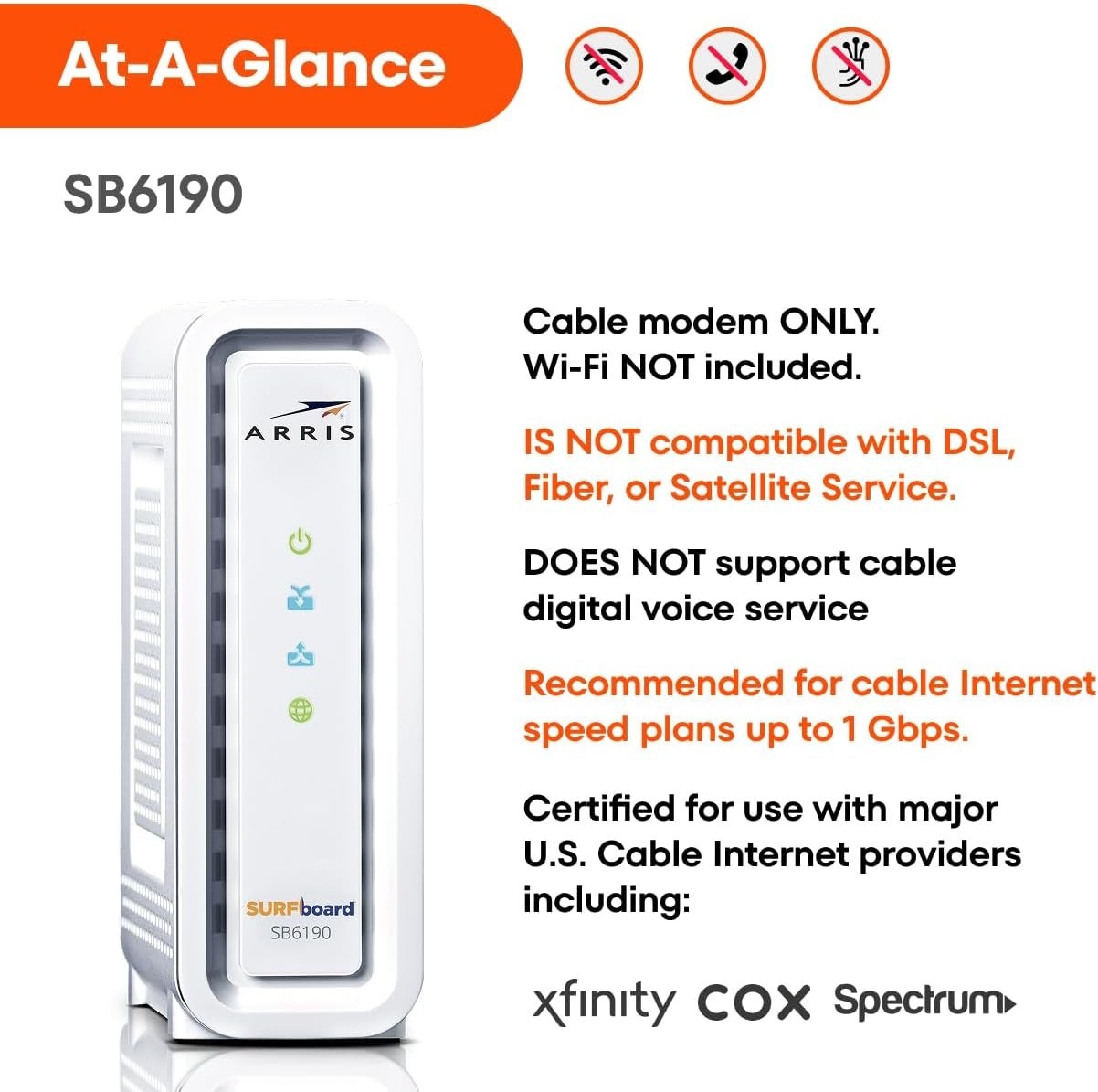 ARRIS SURFboard SB6190 32×8 DOCSIS 3.0 Cable Internet Modem Gaming Stream 800 Mb