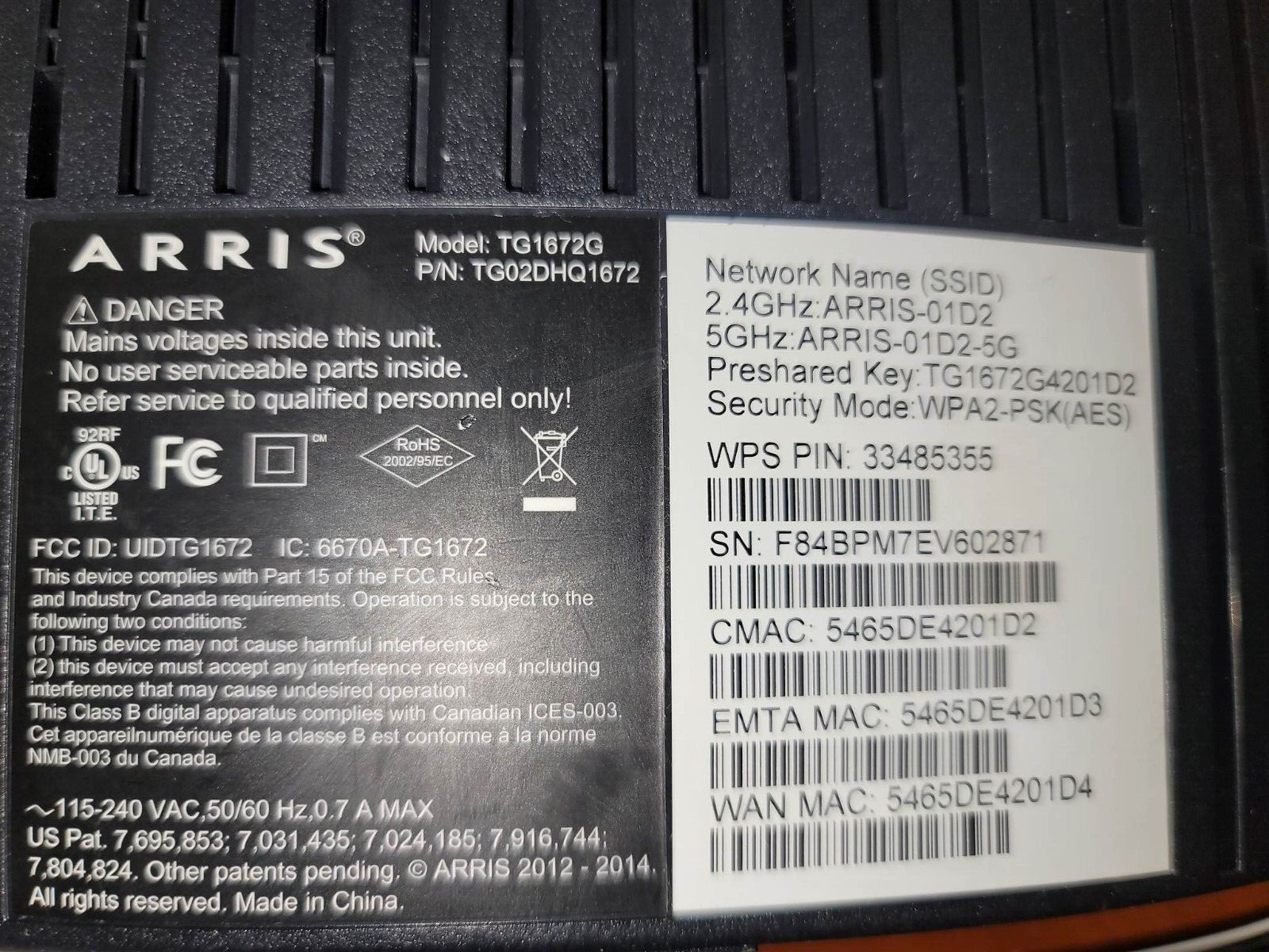 ARRIS TG1672G WiFi Modem Suddenlink 2.4GHz Touchstone Telephony Gateway w/voice
