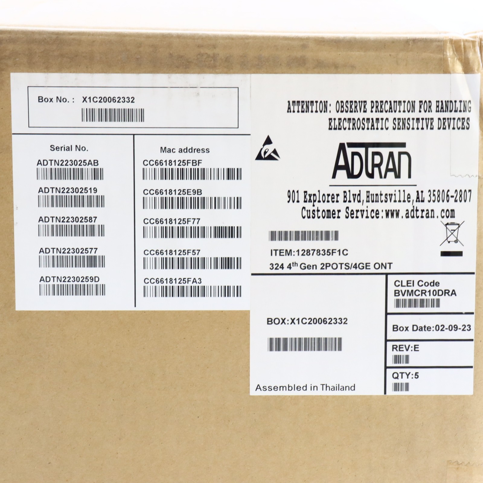 *Lot of 5* ADTRAN 1287835F1C – TA 324 2POTS/4GE Fiber ONT (4th Generation) – NEW