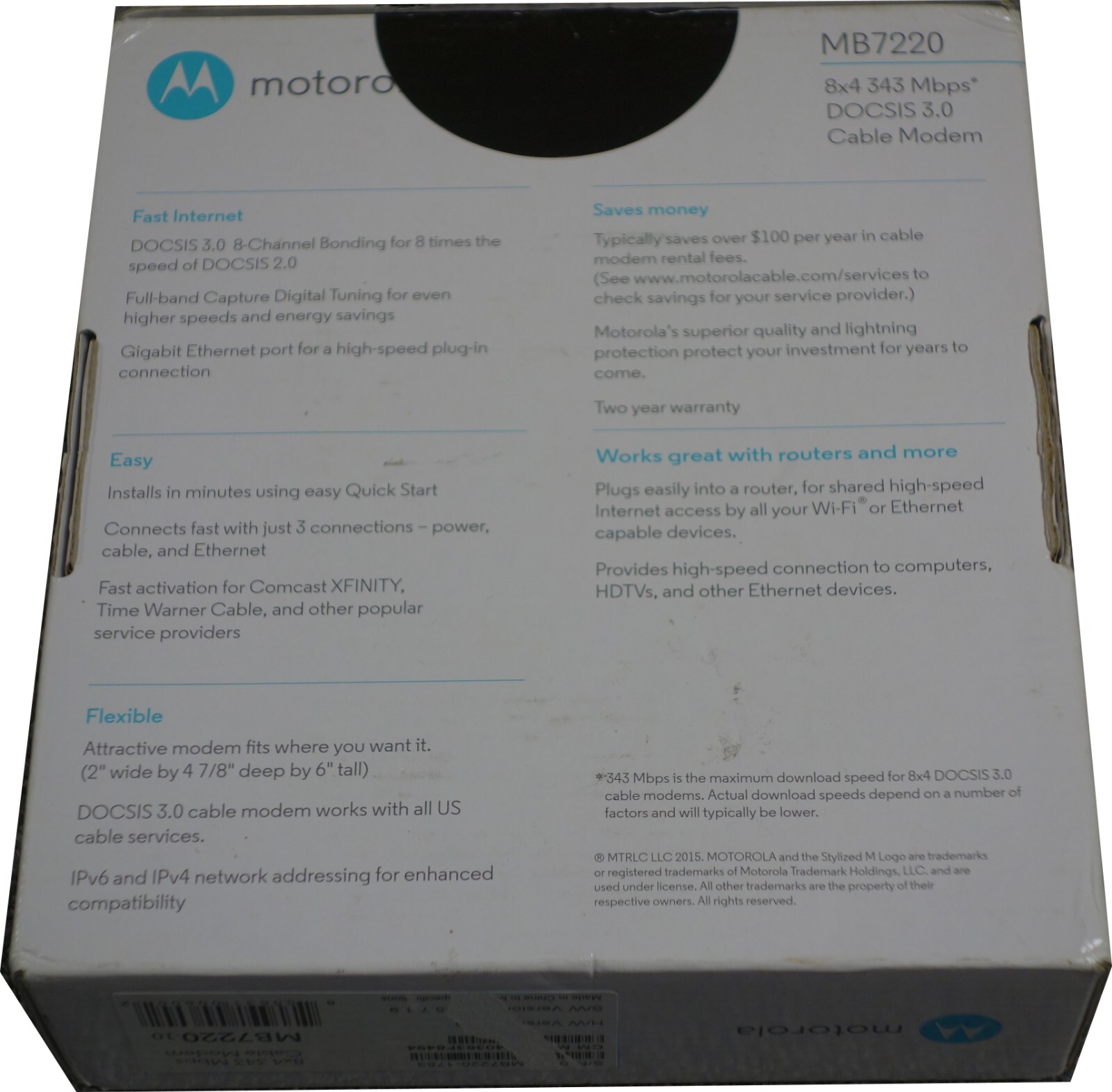 MOTOROLA 8×4 Cable Modem Model MB7220 343 Mbps DOCSIS 3.0 Spectrum xFinity more