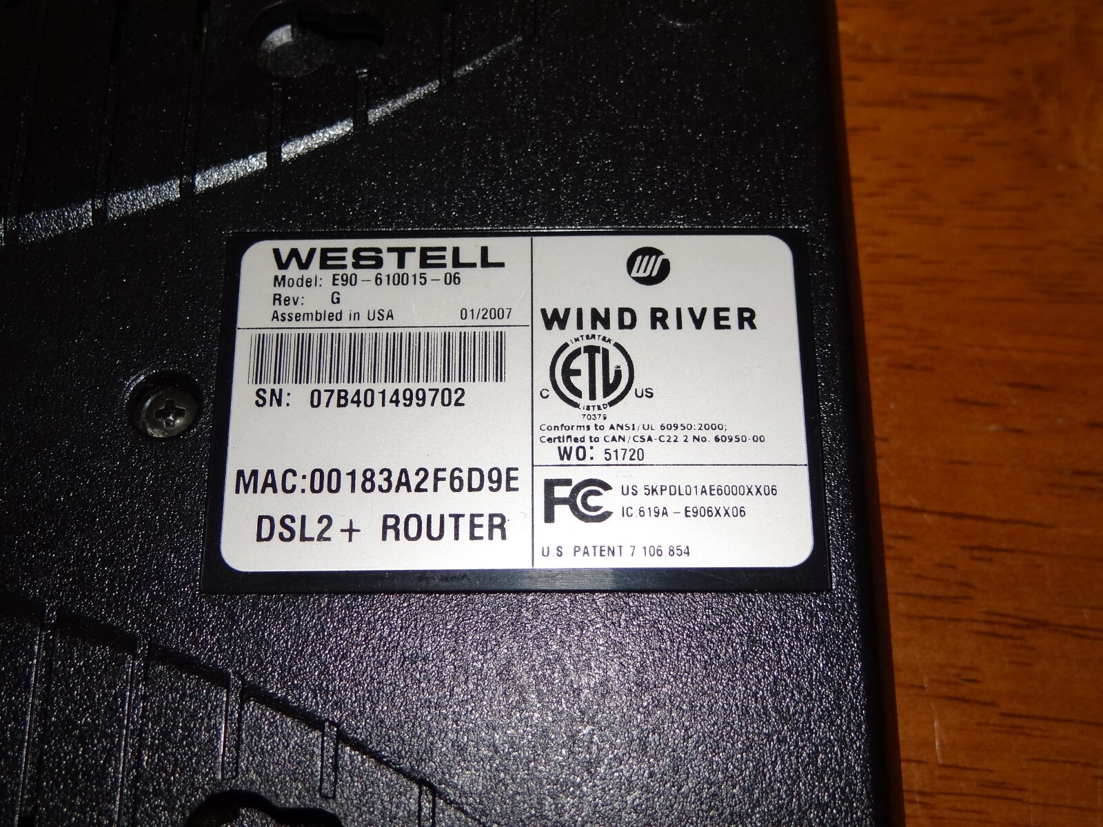 Westell/Wind River Model 6100 DSL2+ Router E90-610015-06 w/ AC Adapter,Ethernet