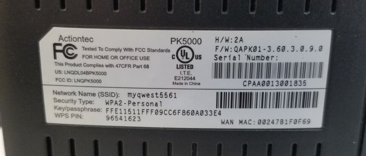 ACTONTEC PK500 Wireless DSL Modem w Power Supply