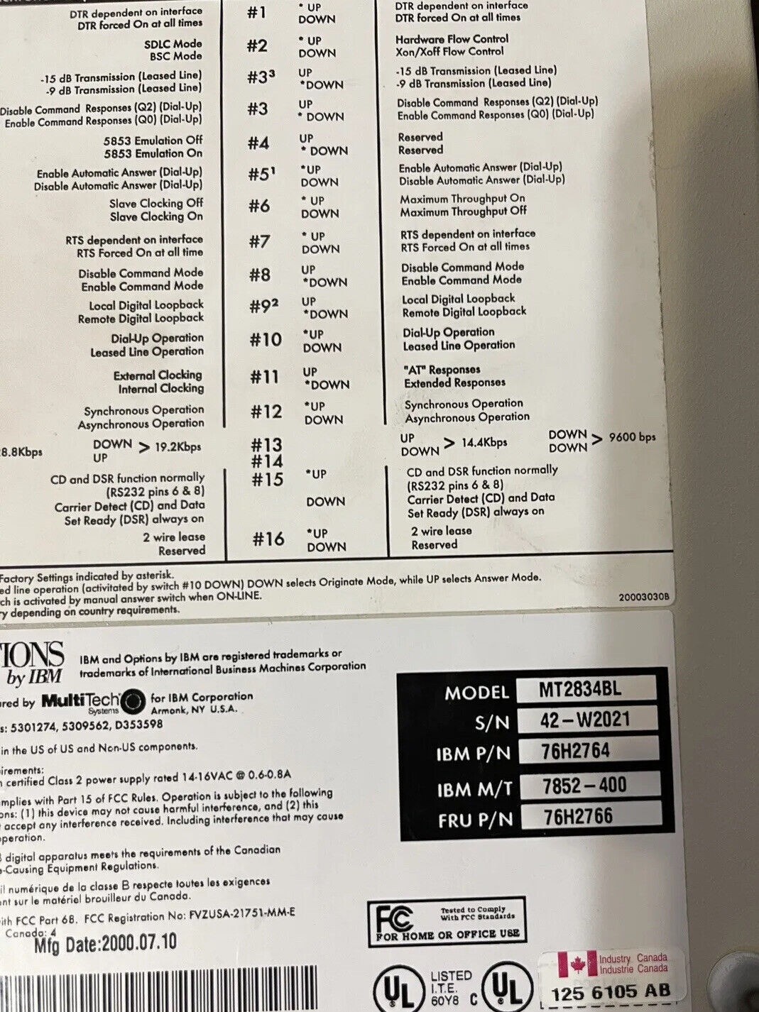 Options by IBM External 33.6K Data Fax Modem MT2834BL NO Power Supply