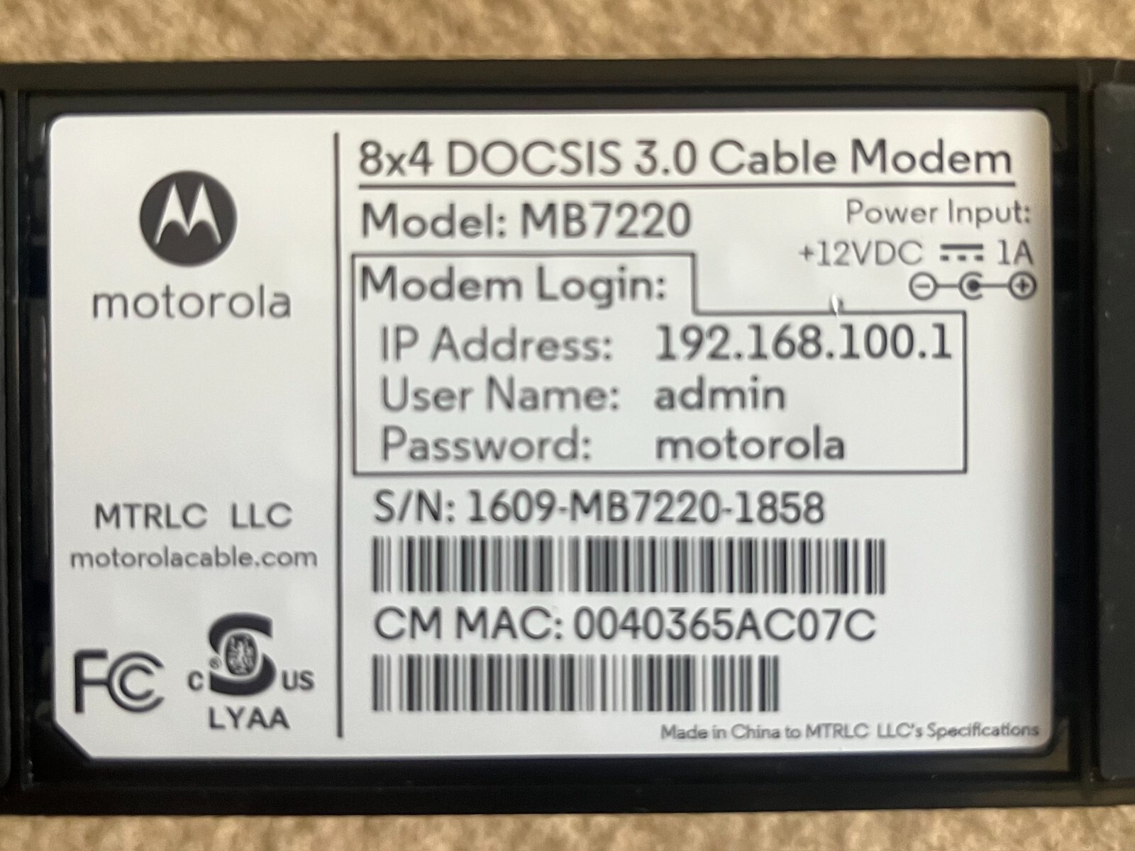 Motorola MB7220 Cable Modem