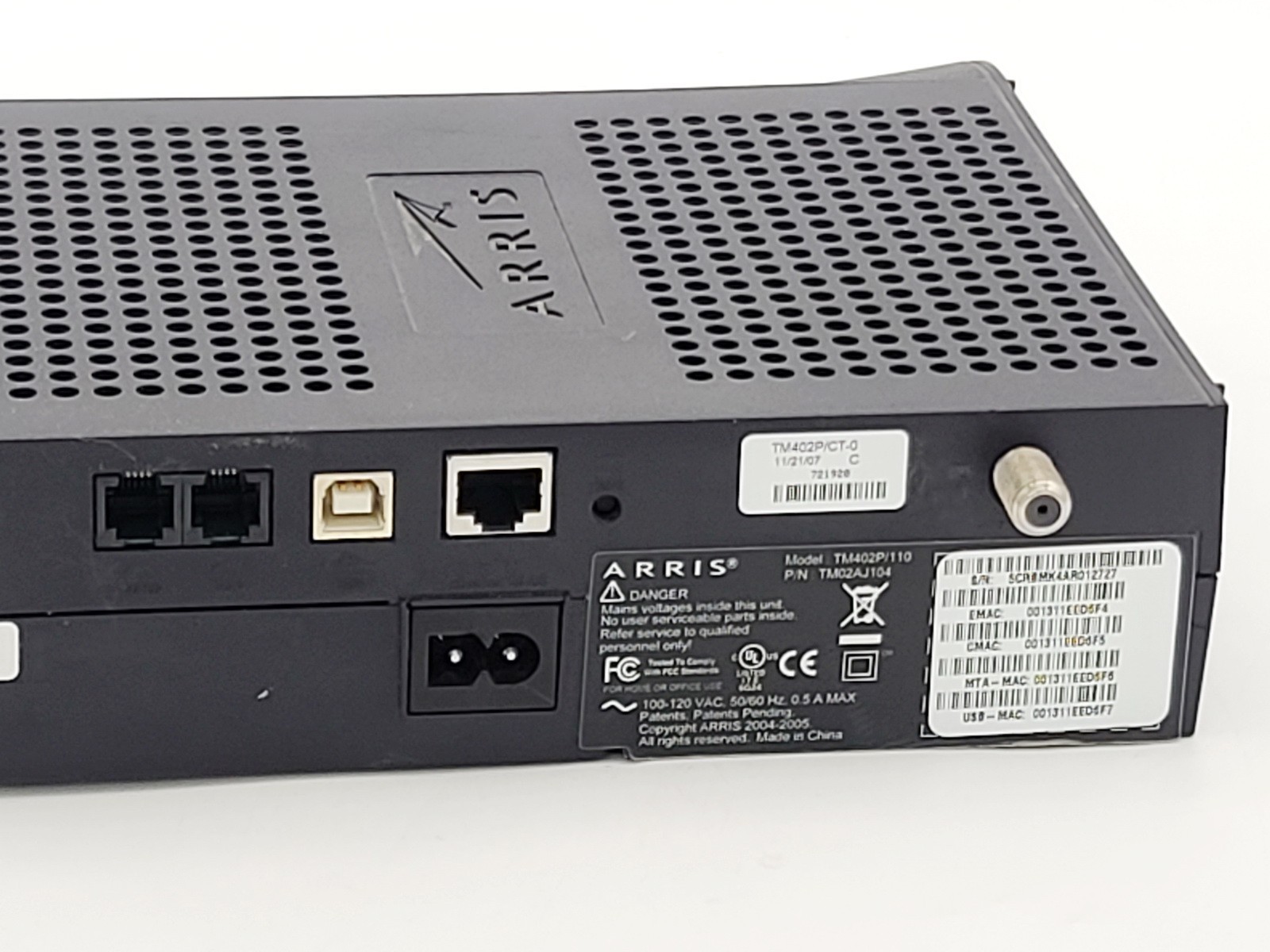 ARRIS TOUCHSTONE TM402P/110 VOIP TELEPHONY CABLE MODEM WITH POWER SUPPLY