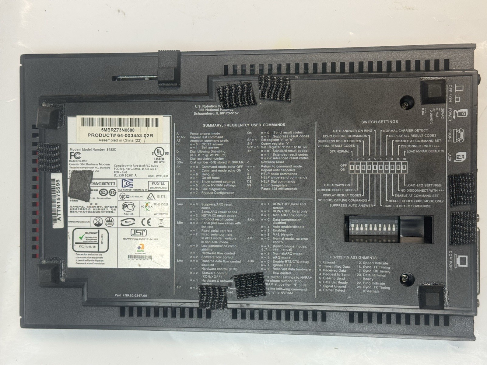 USRobotics Courier 56K Business Modem 3453C 56 Kbps W/. Ac Power Adapter