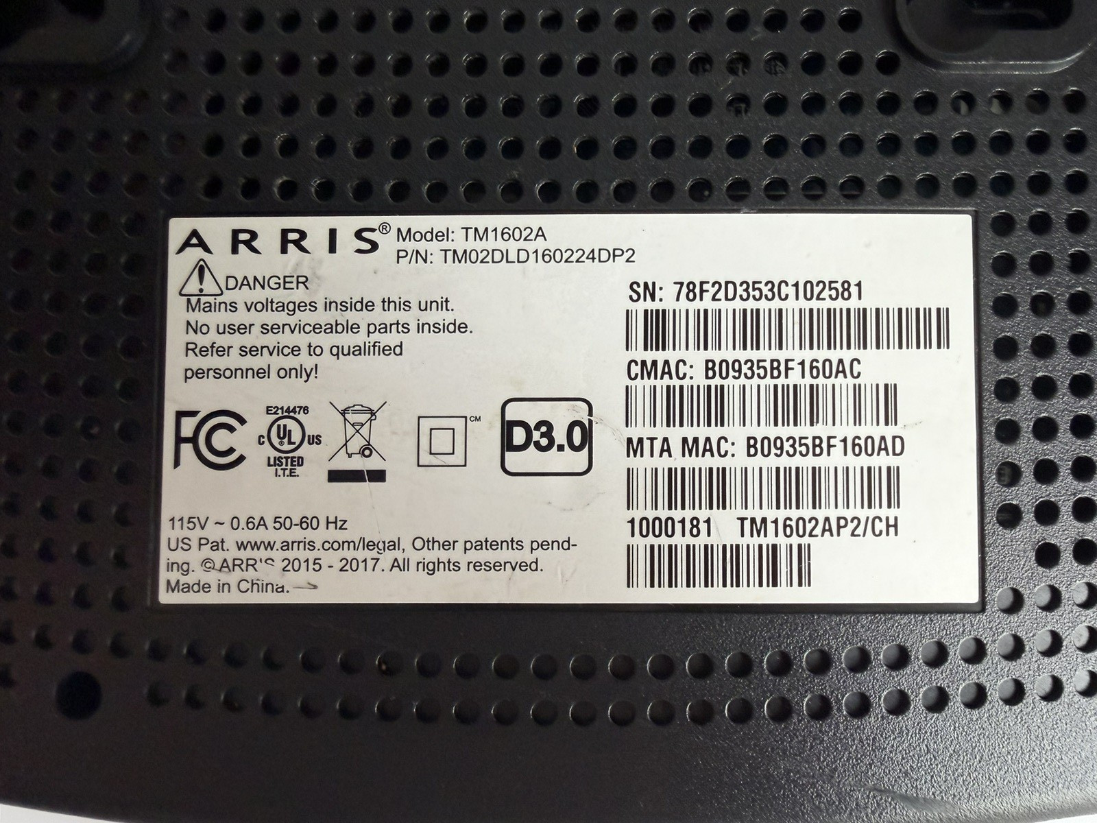 Arris TM1602A Docsis 3.0 Cable Modem for Optimum Cablevision
