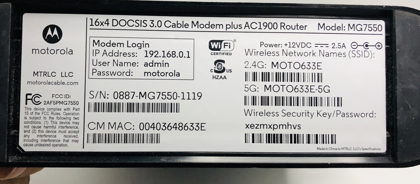 Motorola MG7550 16×4 DOCSIS 3.0 Cable Modem Plus AC1900 WiFi Router – Excellent￼