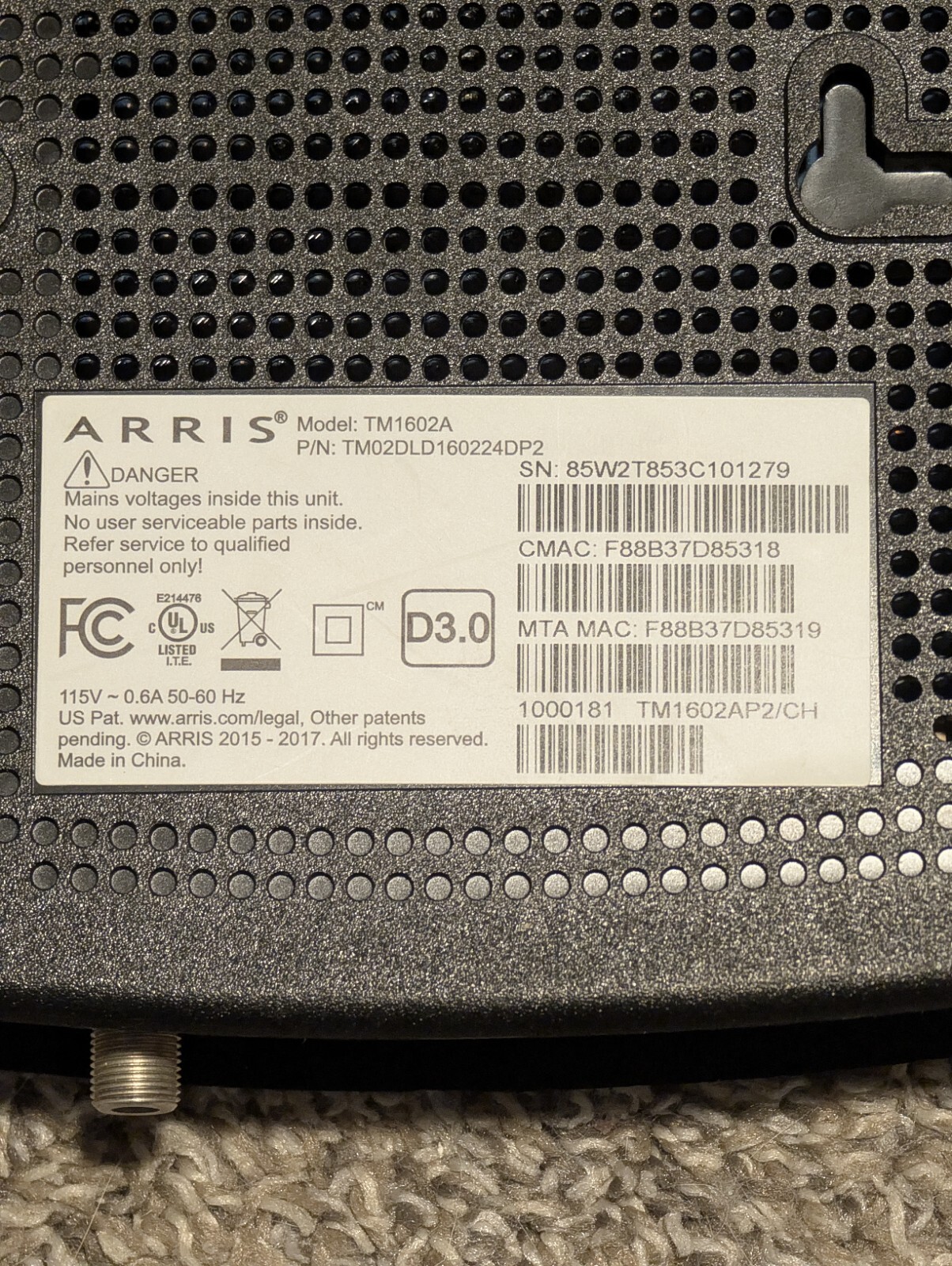 Arris TM1602A Docsis 3.0 Cable Internet Modem Charter Spectrum Comcast