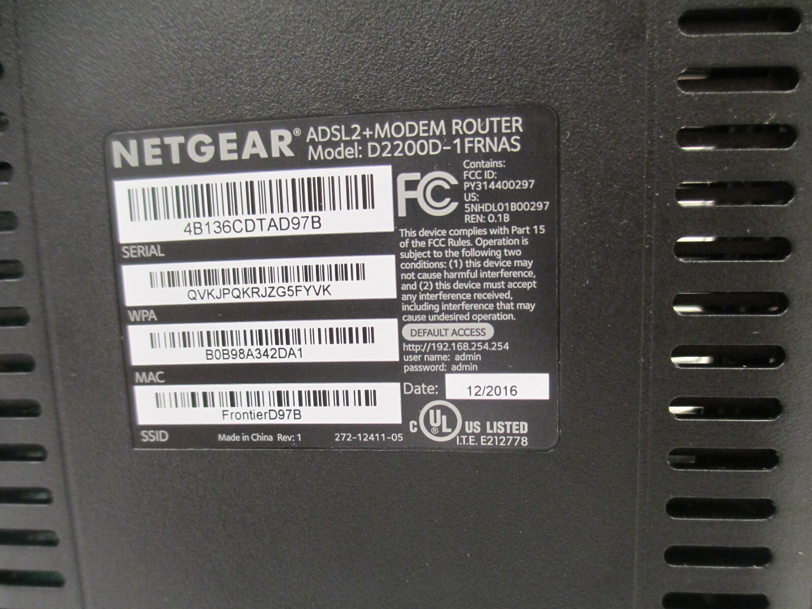 Frontier NetGear DSL Modem with WiFi ADSL2+ Router Model D2200D-1FRNAS