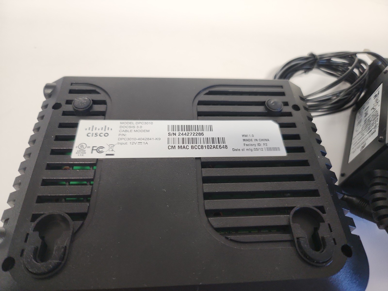 Cisco DPC3010 DOCSIS 3.0 12v Cable Modem w/ Power Supply