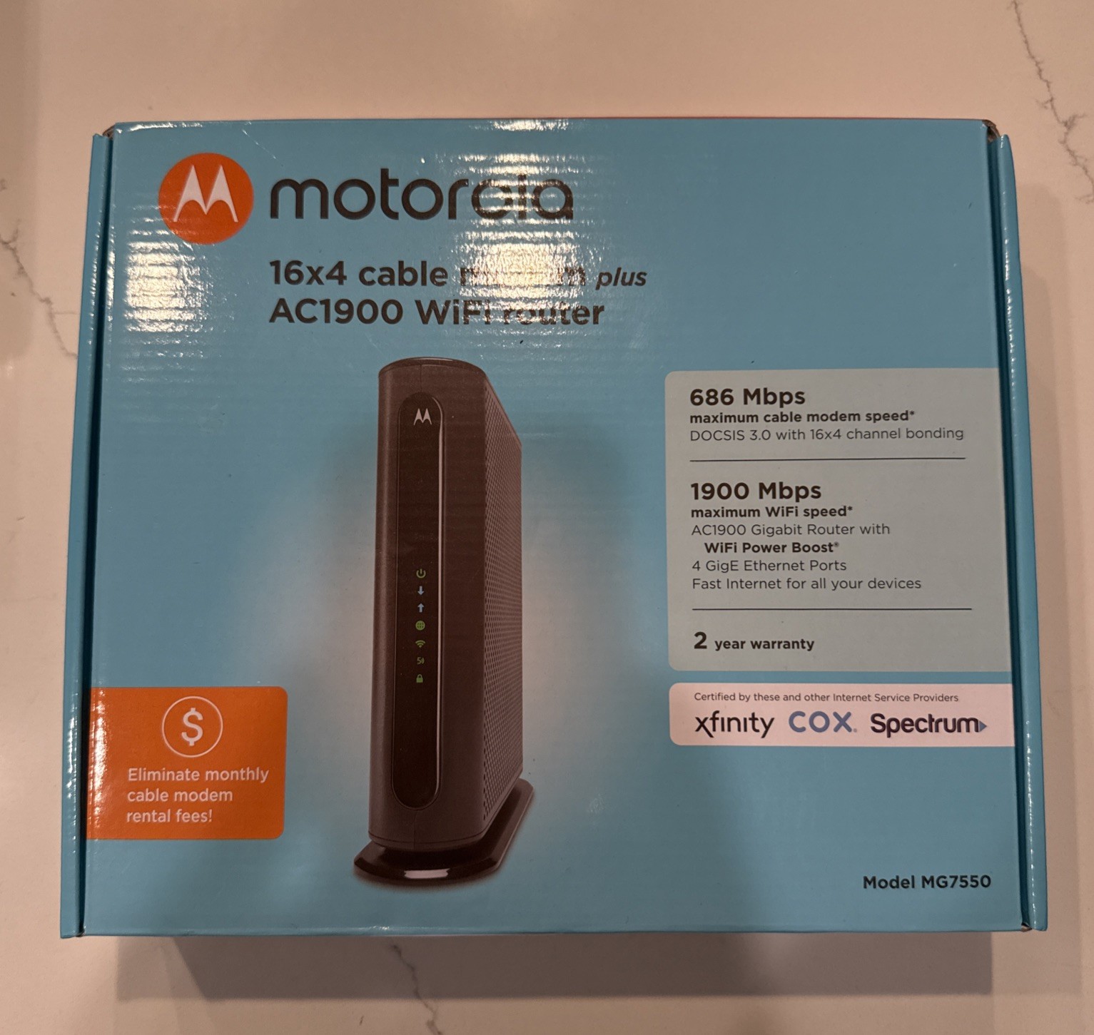Motorola AC1900 WiFi Router & 16×4 Cable Modem MG7550