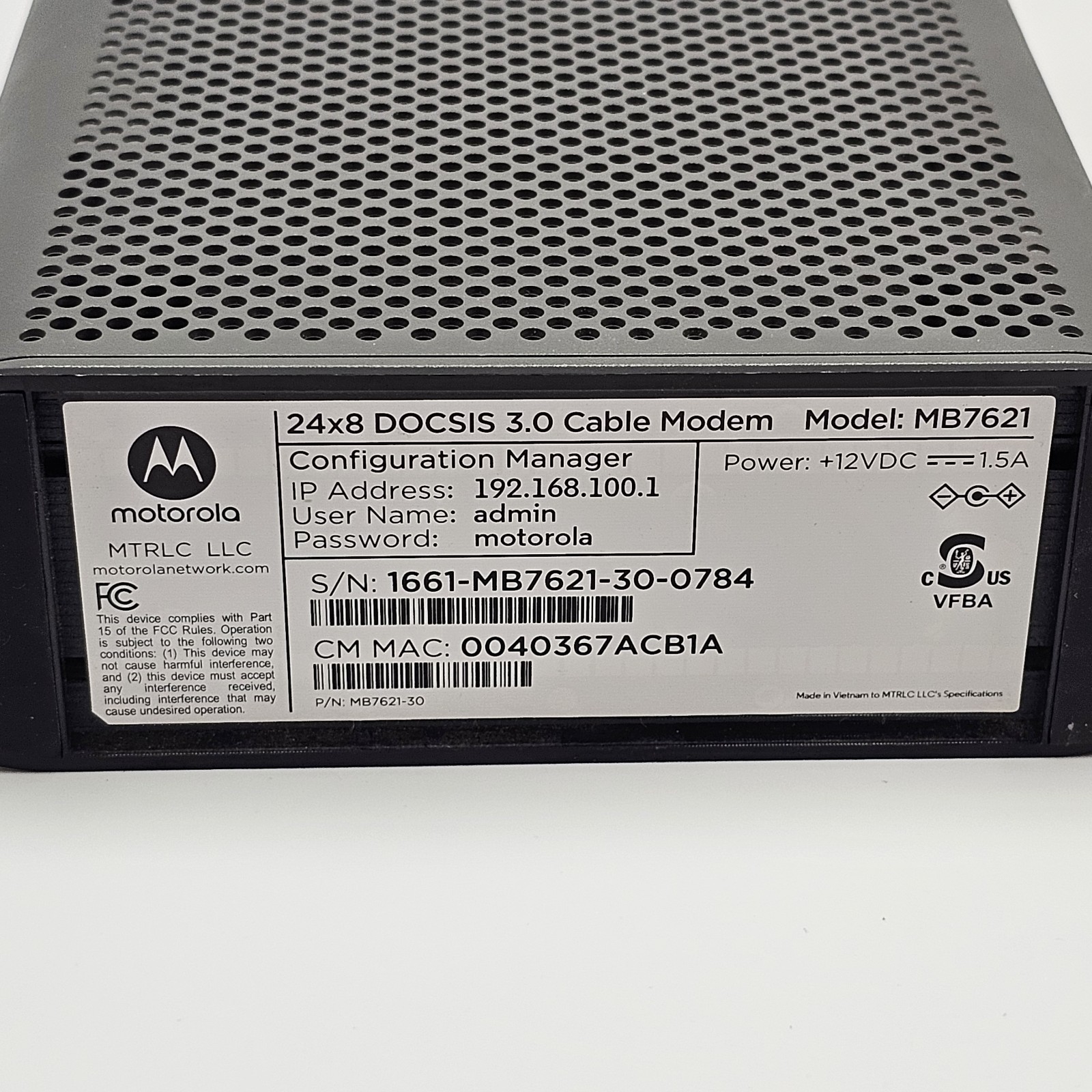 Motorola MB7621 DOCSIS 3.0 Cable Modem 24×8 650 Mbps High-Speed Internet