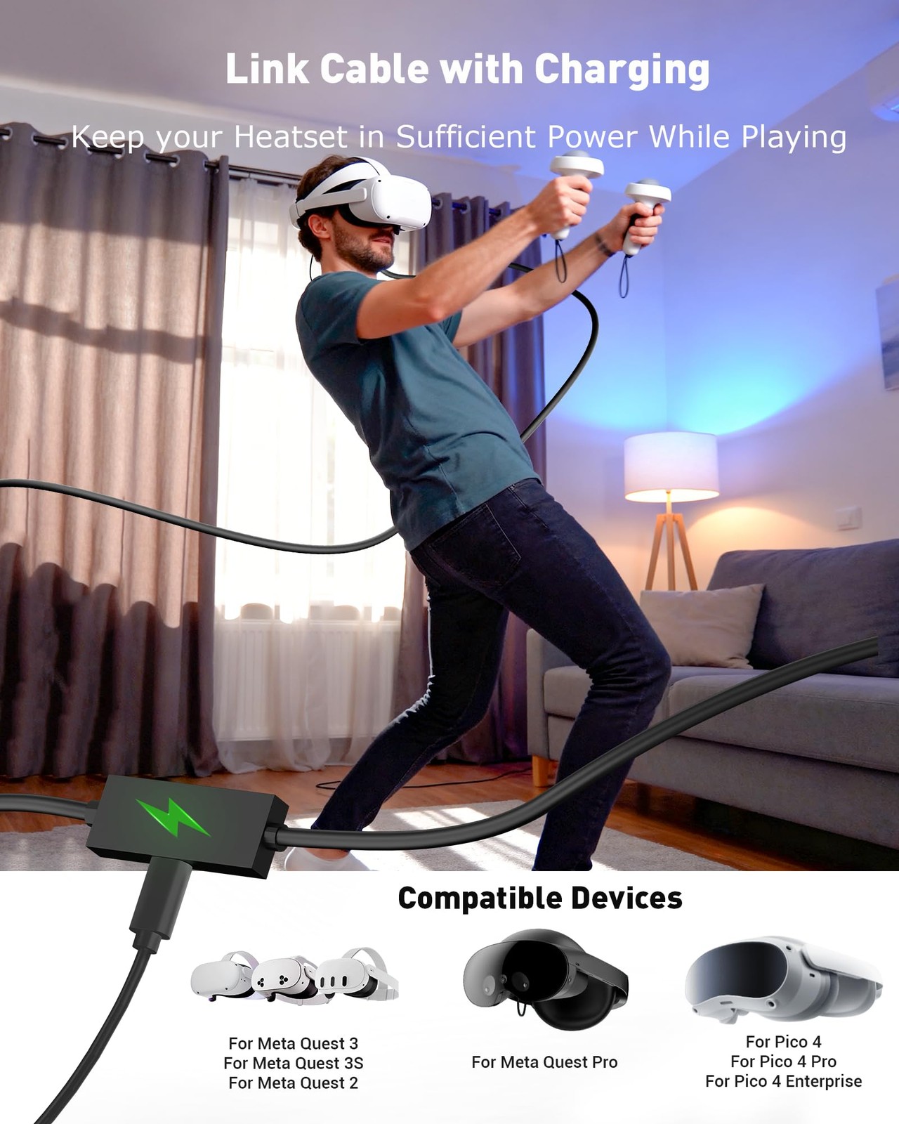 Link Cable Charging Meta Quest 3S Oculus 3 2/Pro Pico 4 USB 3.0 5Gbp Speed 16FT