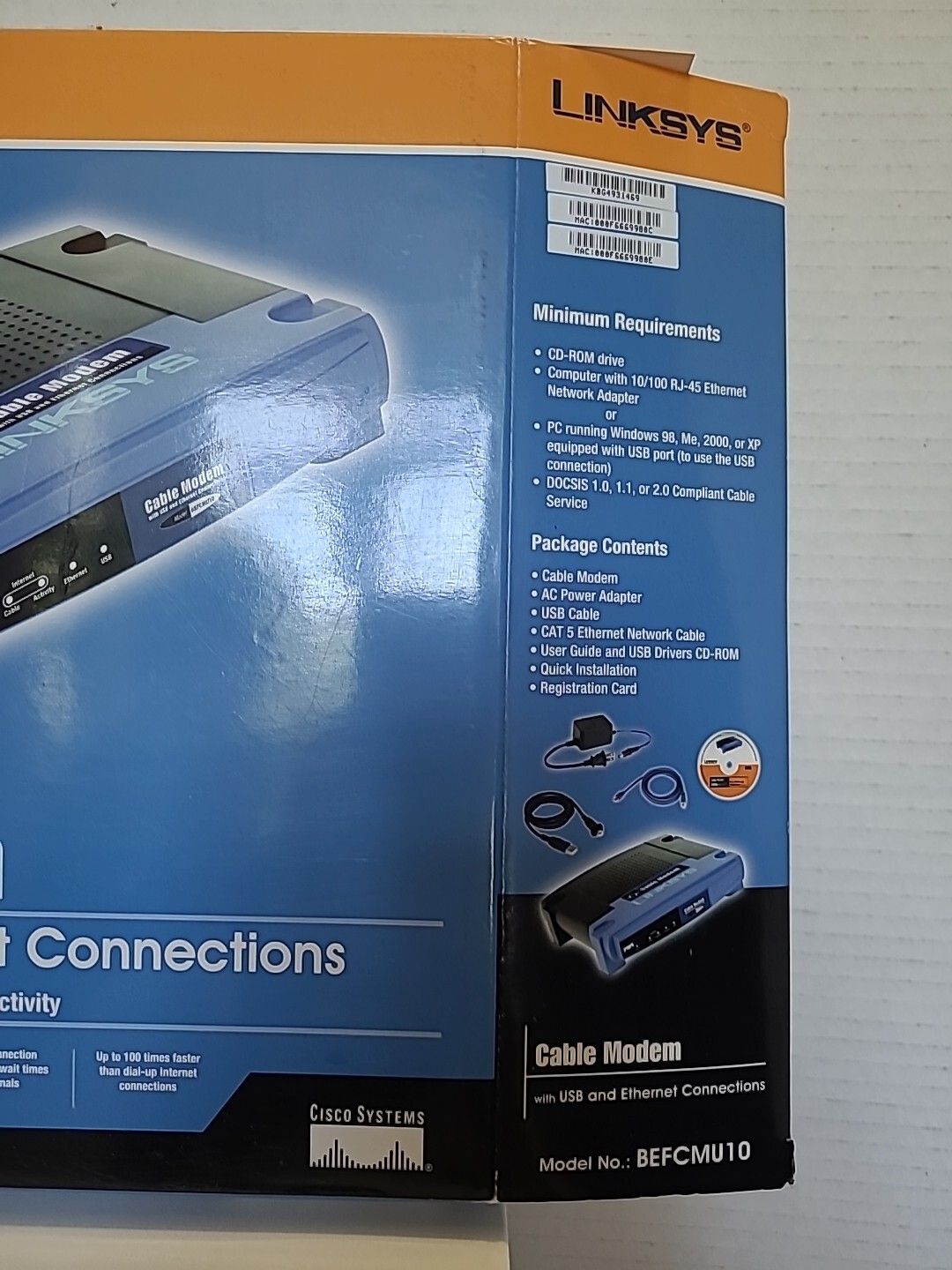 NOB Linksys Cable Modem w/usb & ethernet connections wired BEFCMU10 CISCO NEW