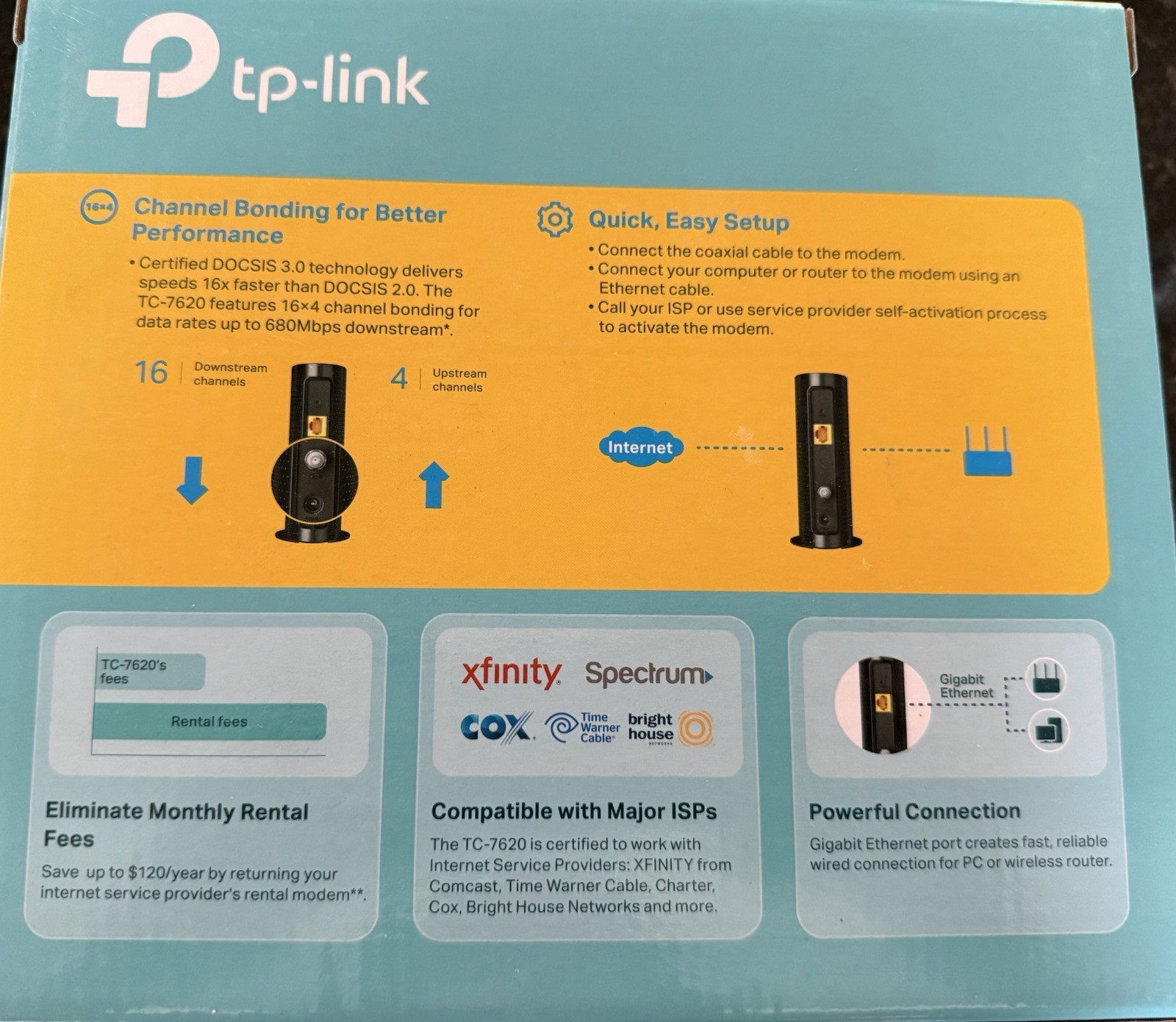 TP-LINK DOCSIS 3.0 Cable Modem TC-7620 680 Mbps Gigabit Xfinity Spectrum