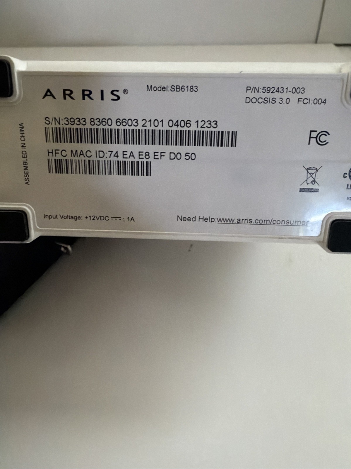 ARRIS SURFboard SB6183 DOCSIS 3.0 Cable Modem with Power Cable – White, TESTED