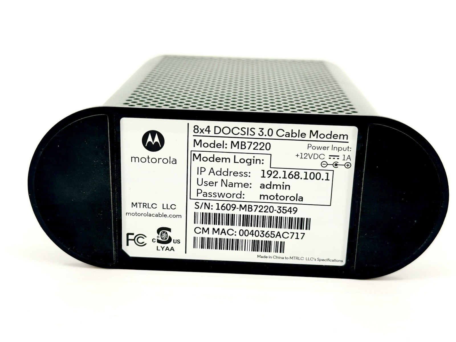 Motorola MB7220 DOCSIS /3.0 Cable Modem 8×4 343 mbps
