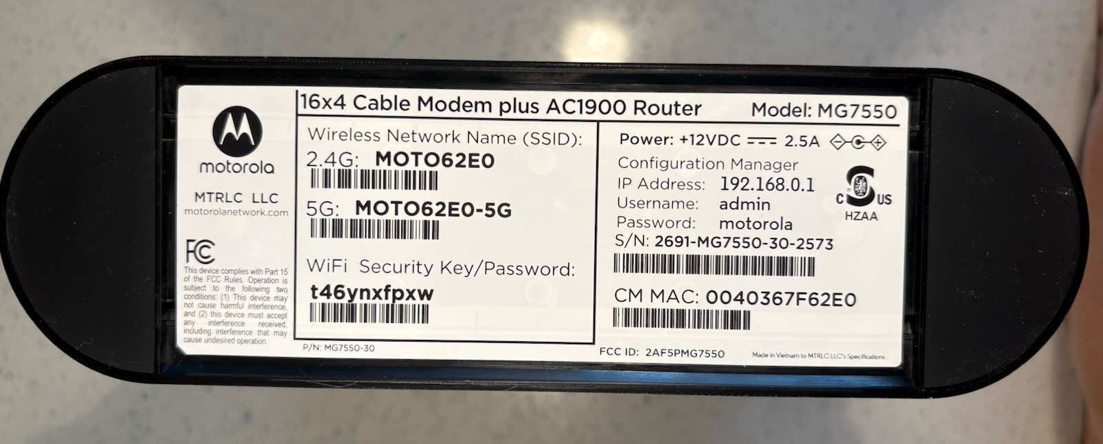 Motorola MG7550 16×4 High Speed ​​Cable Modem Plus AC1900 WiFi Router – Gray