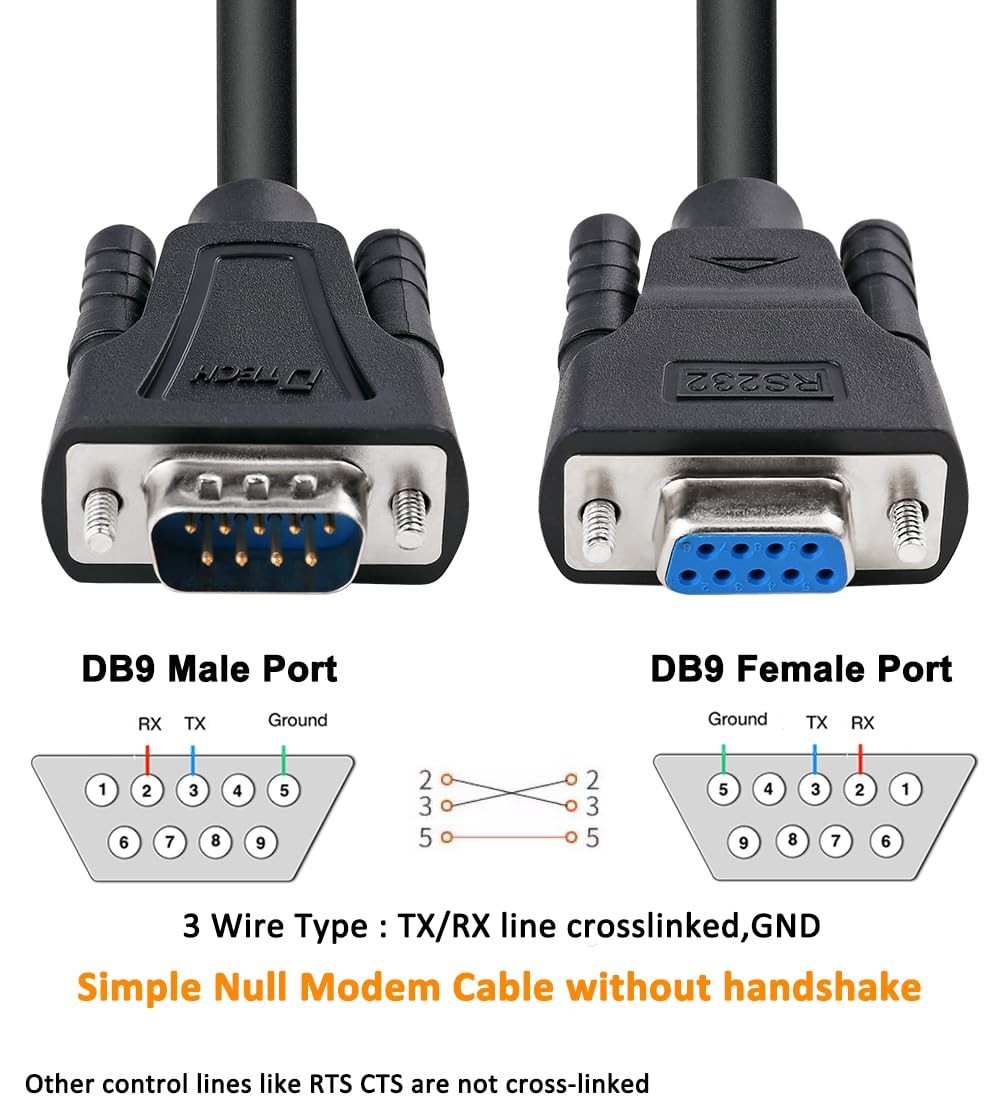 DB9 RS232 Serial Cable Male to Female Extension Null Modem Black Fits 15 FT