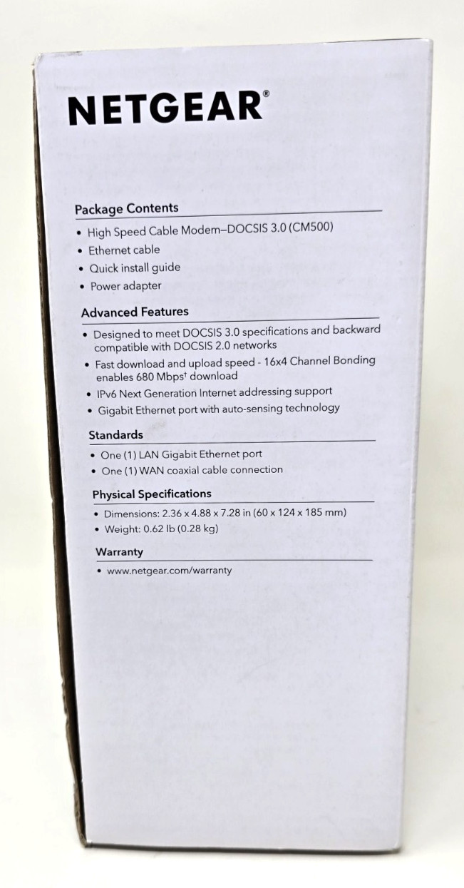 NetGear High Speed Cable Modem CM500 Quick Install Guide Power Adapter 680 Mpbs
