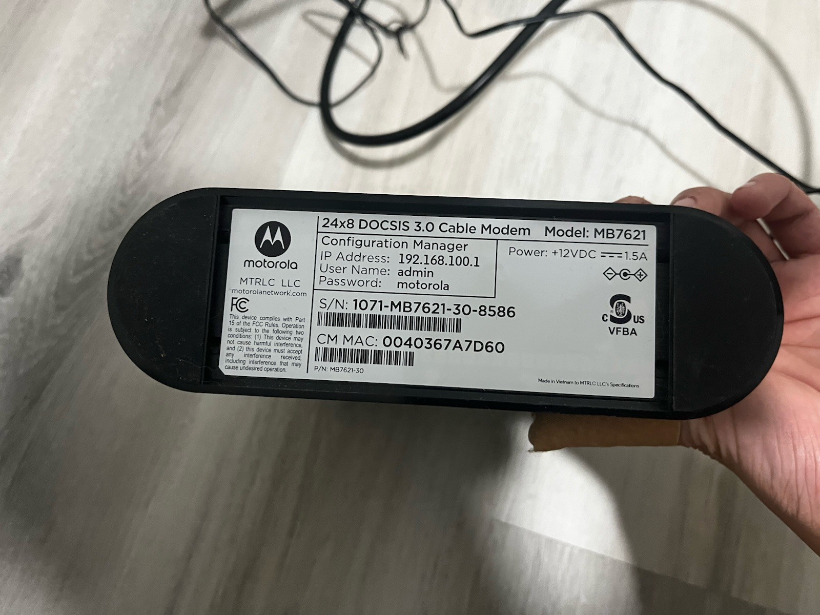 Motorola MB7621 Cable Modem 24×8 DOCSIS 3.0 Working Used Power And Ethernet Cord
