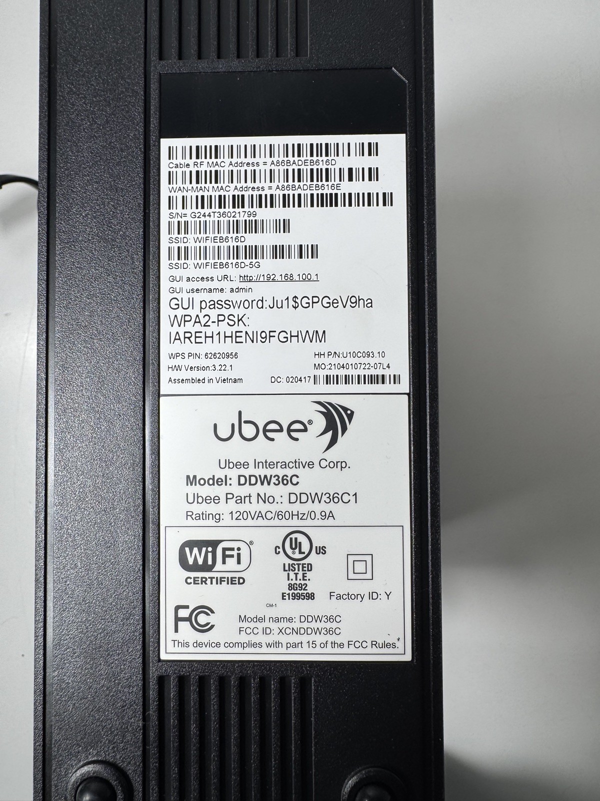 Ubee DDW36C Wireless Cable Modem Router Gateway, Excellent Condition