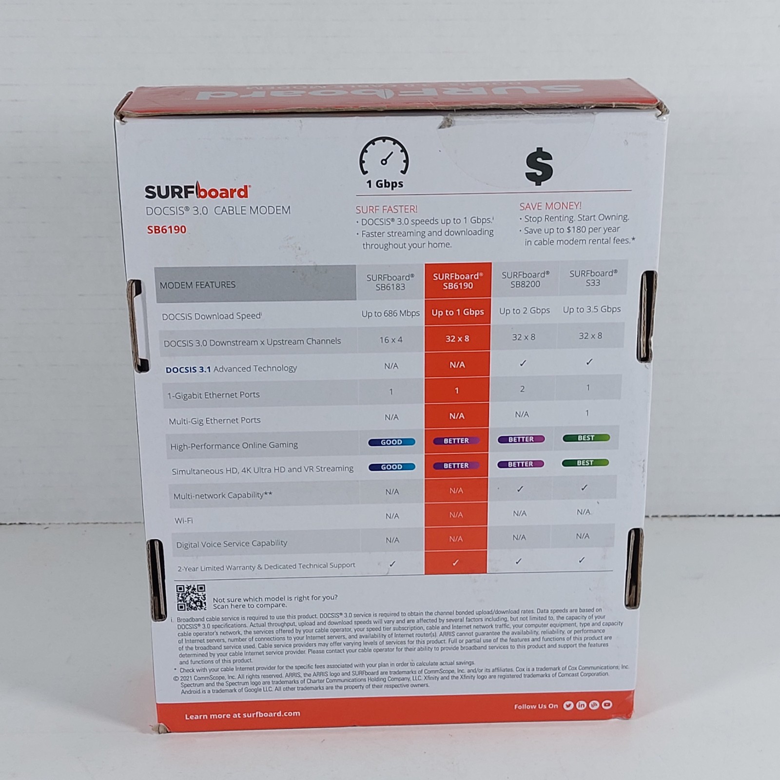 ARRIS Surfboard SB6190 DOCSIS 3.0 1.4 Gbps Cable Modem Xfinity Spectrum Cox