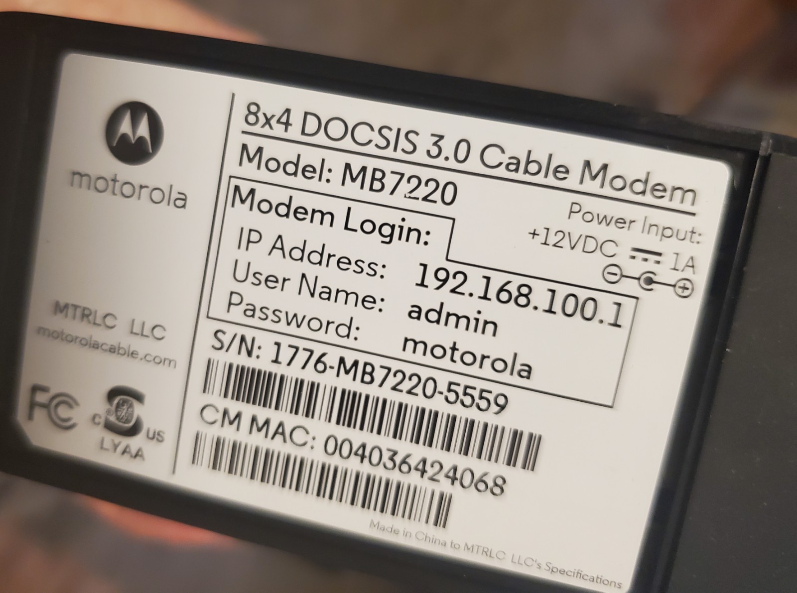 Motorola Cable Modem 8×4 DOCSIS 3.0 model: MB7220