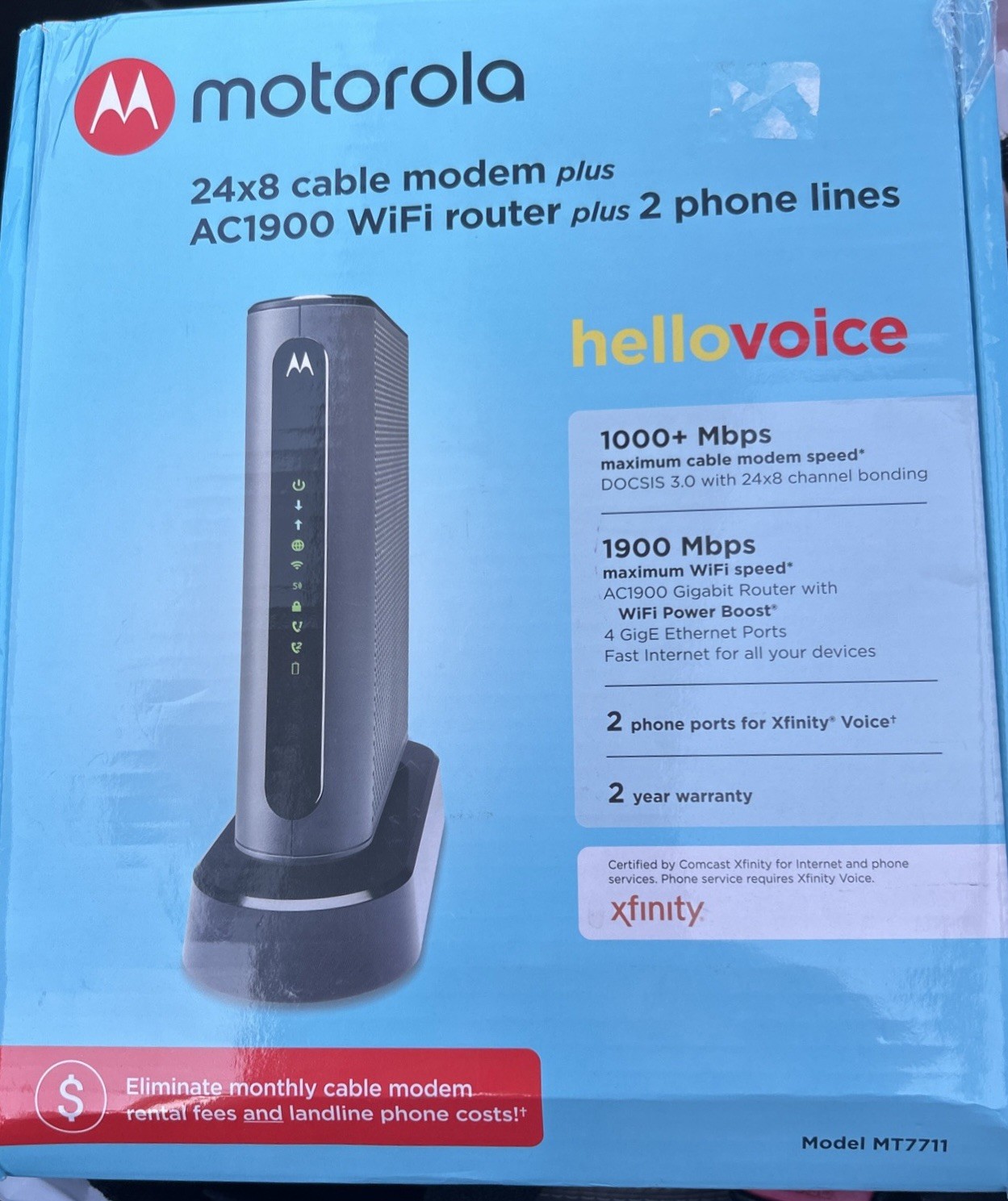 Motorola 24×8 Cable Modem + AC1900 WiFi Router + 2 Phone Line for Xfinity MT7711