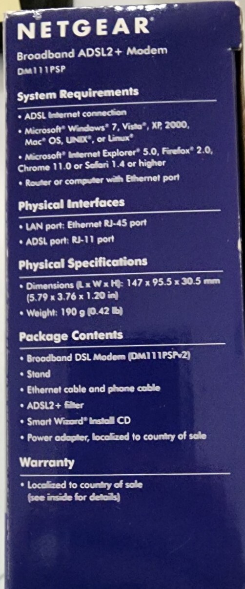 Netgear Broadband ADSL2+ Modem Model DM111PSP DM111PSP-100NAS Complete