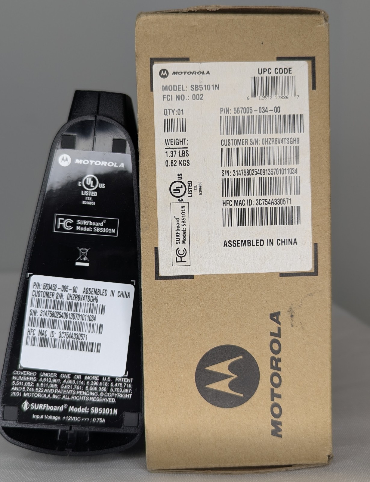 Motorola SB5101N Cable Modem Tested Working with Power Cord and Ethernet Cable