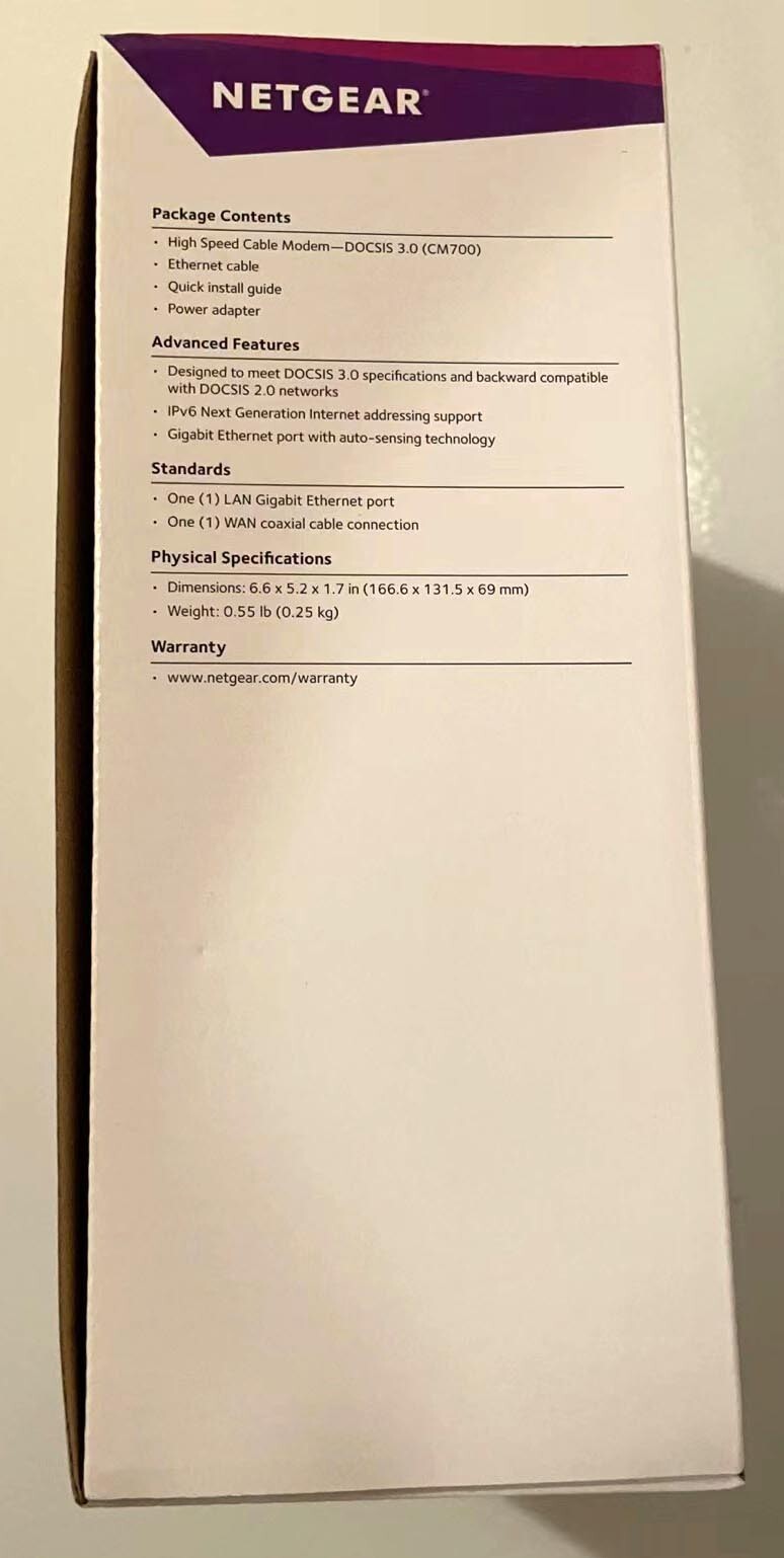 NETGEAR CM700-100NAS DOCSIS3.0 CableModem32x8  1.4gbps Xfinity/Comcast/Spectrum