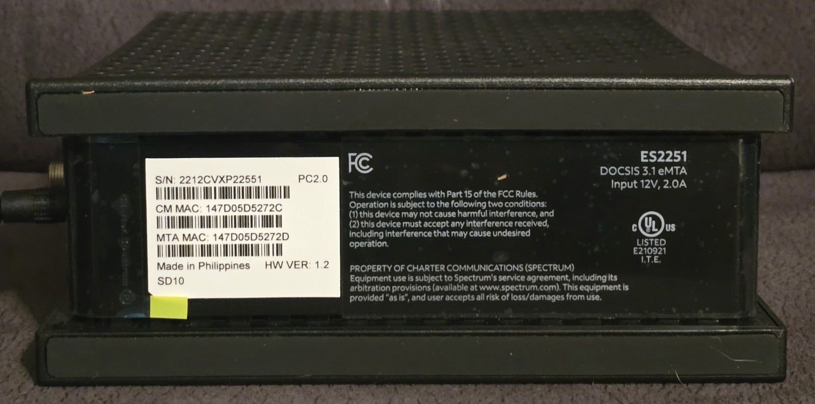 Spectrum DOCSIS 3.1 2.5G eMTA Cable Modem Router ES2251 – Used Tested Works