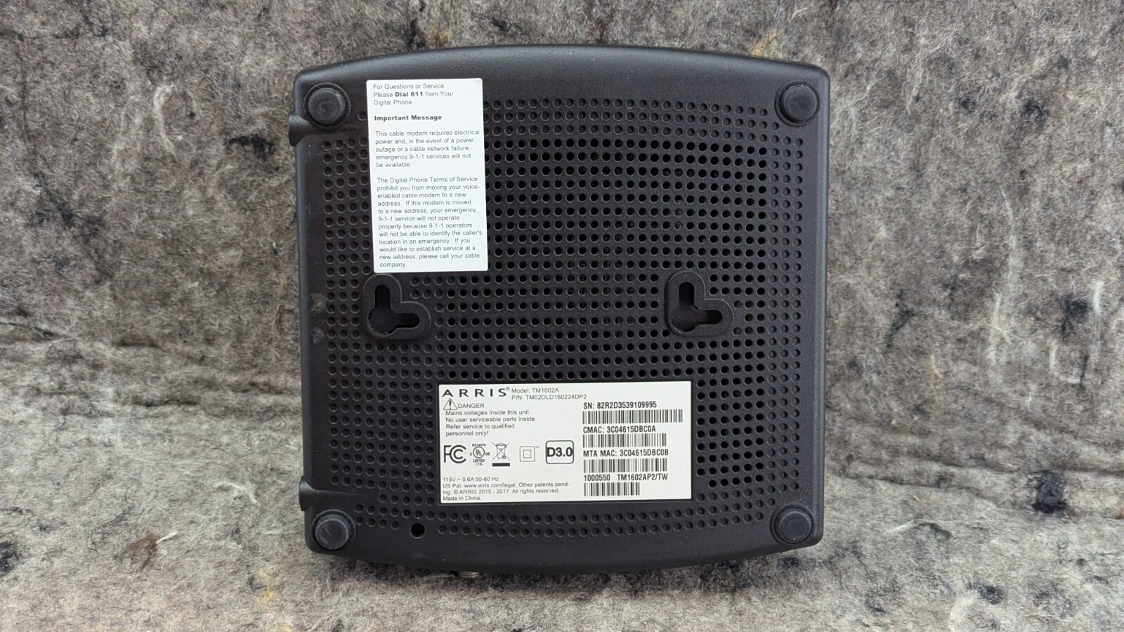 ARRIS Touchstone TM1602A DOCSIS 3.0 E-MTA with Power & Ethernet Cable