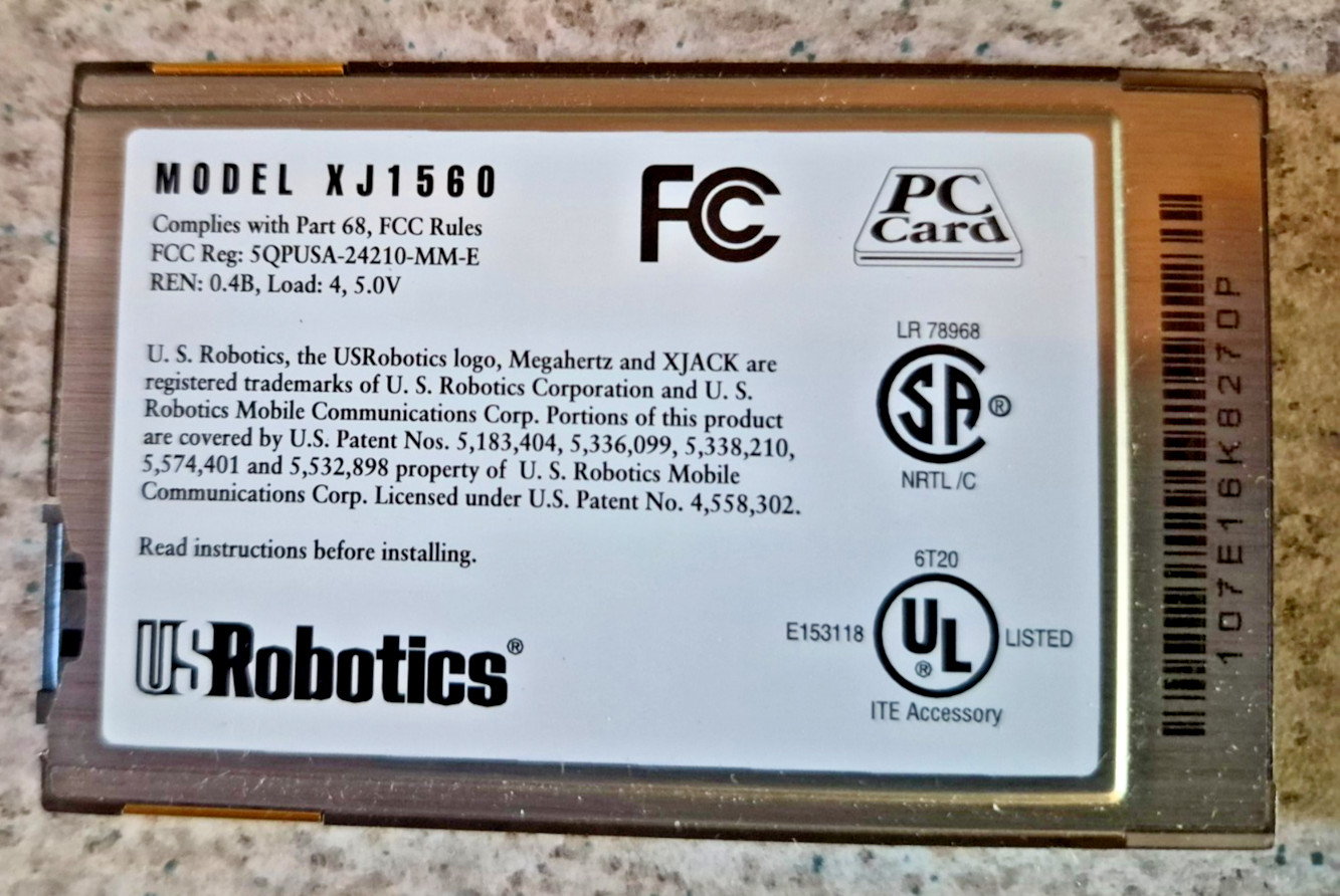 US Robotics Megahertz 56k PC Card Modem XJ1560 with xjack connector