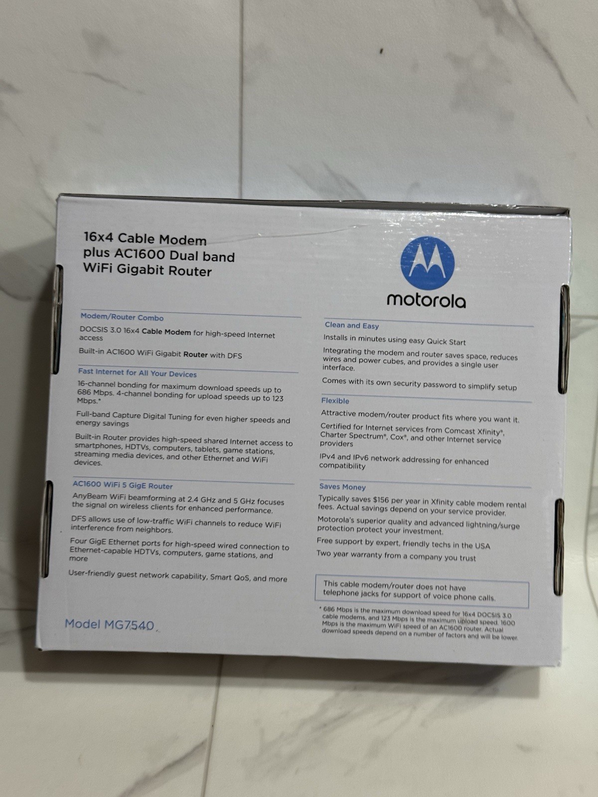 Motorola 16×4 Cable Modem Plus AC1600 Dual Band WiFi Gigabit Router Model MG7540