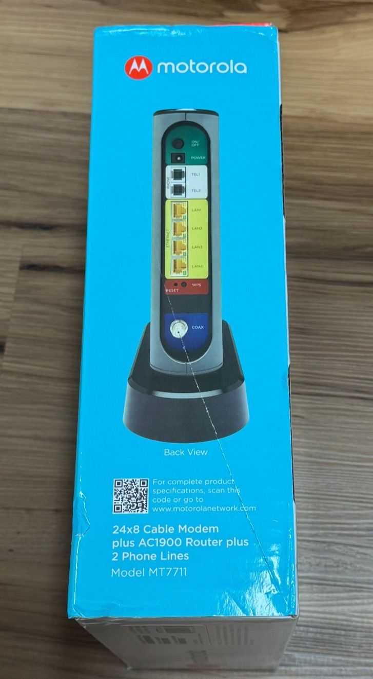 Motorola 24×8 MT7711 Cable Modem and AC1900 Dual Band Wi-Fi Router 2 Phone Lines