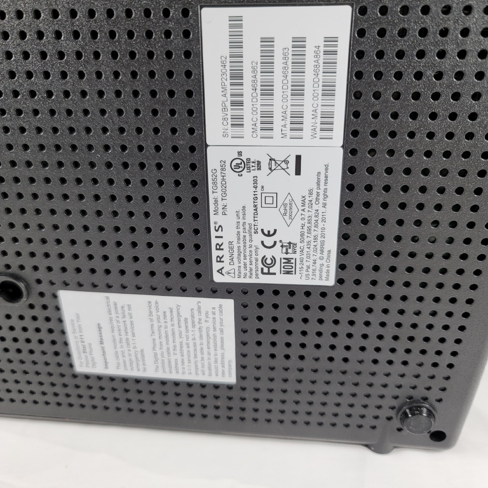 Arris TG852G Telephony Wireless Gateway Cable Modem Router Combo
