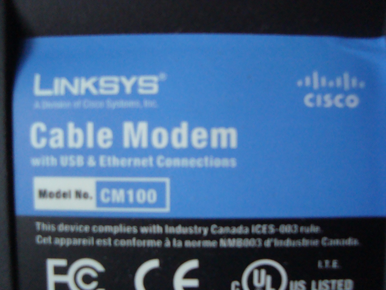 Cisco Linksys Model# CM100 Cable Modem Power Adapter Ethernet Cable CD